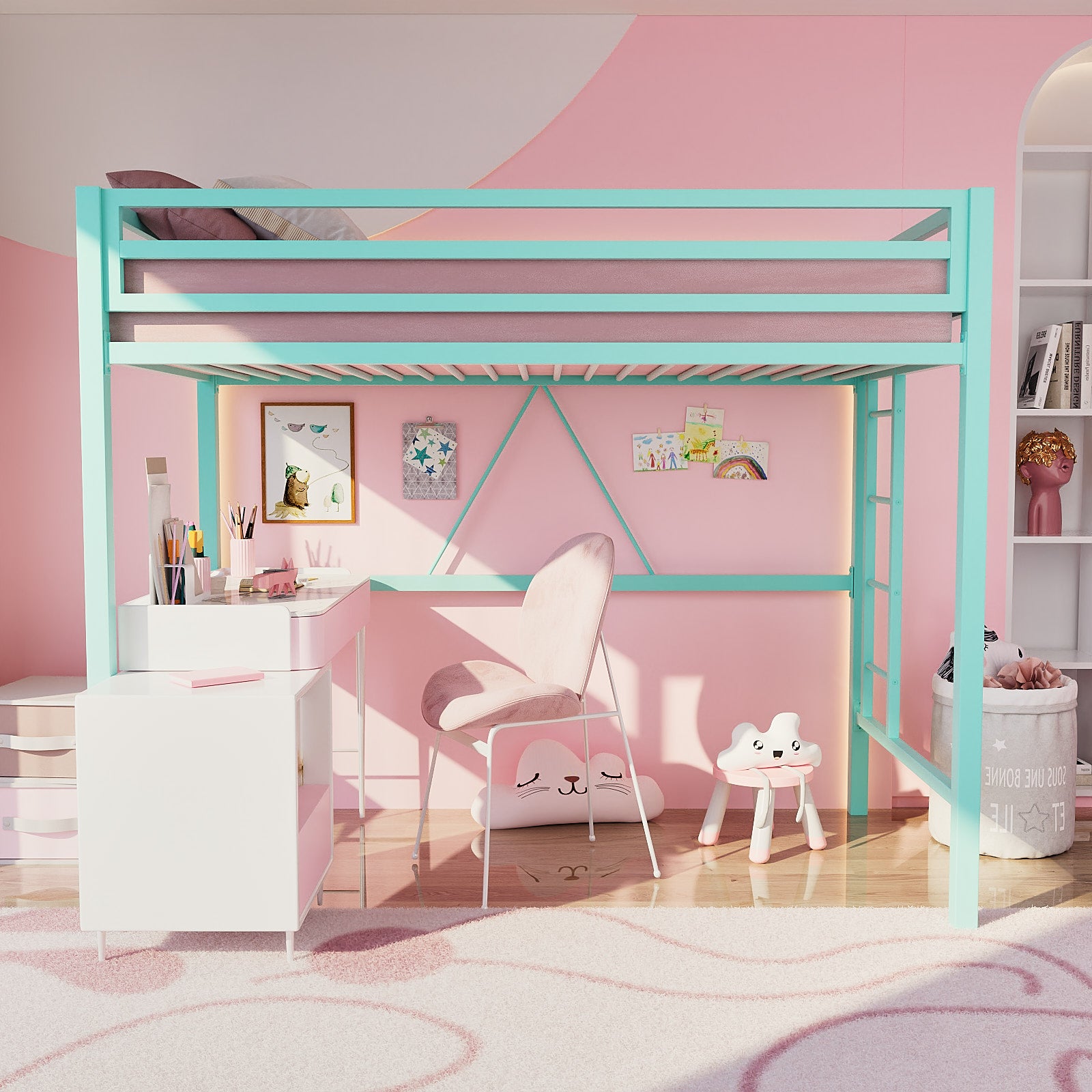 Einfach Metal Twin Size Loft Bed with Full-Length Guardrail & Removable Ladder