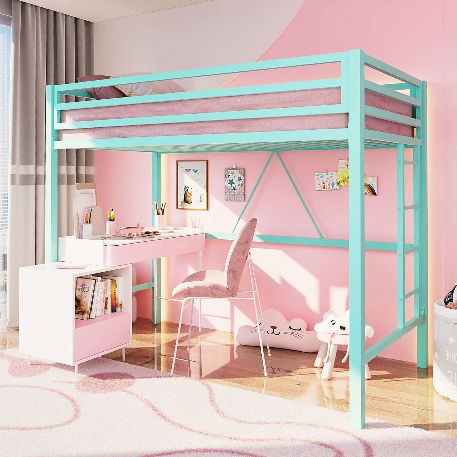 Einfach Metal Twin Size Loft Bed with Full-Length Guardrail & Removable Ladder