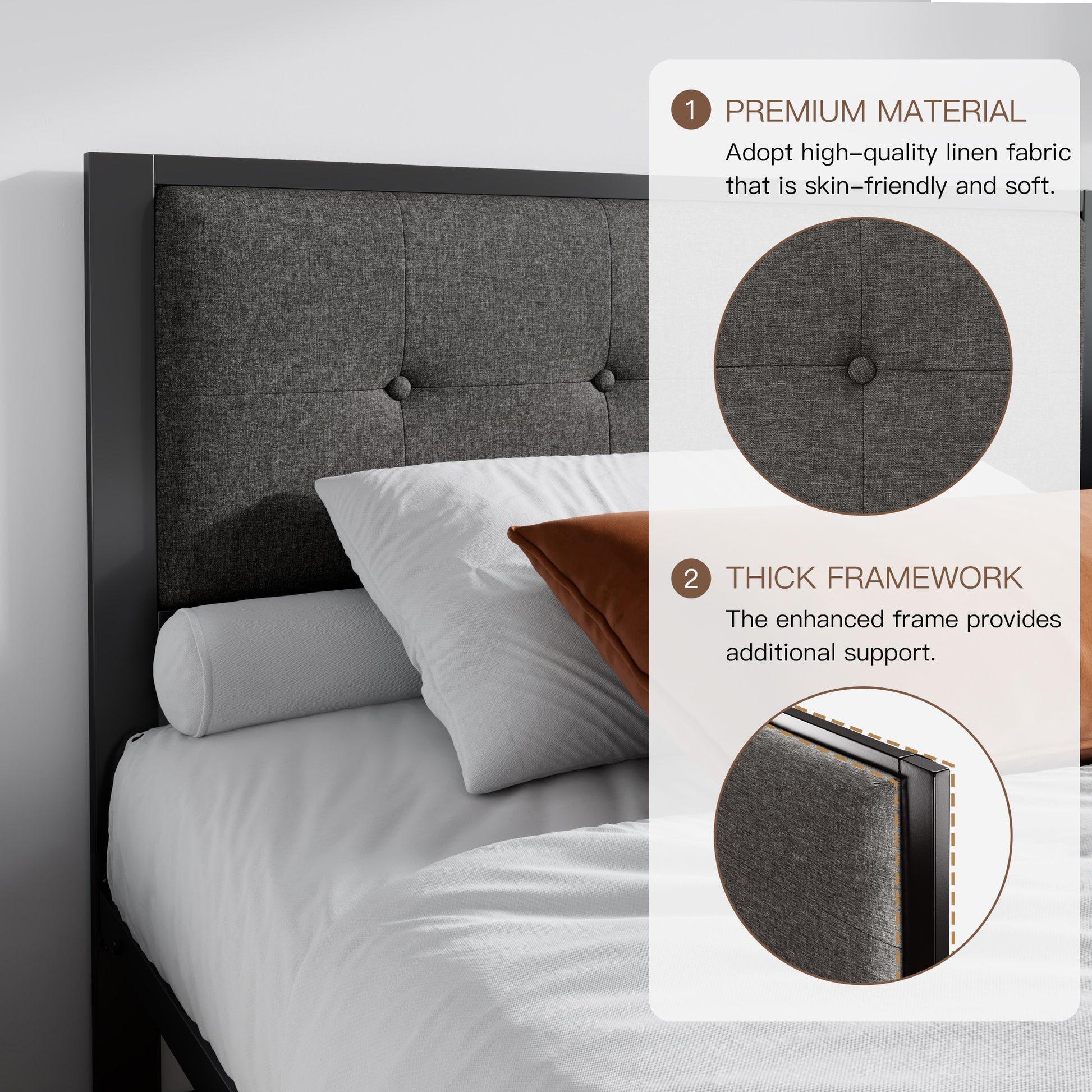 Einfach Platform Bed with Button Tufted Square Stitched Headboard