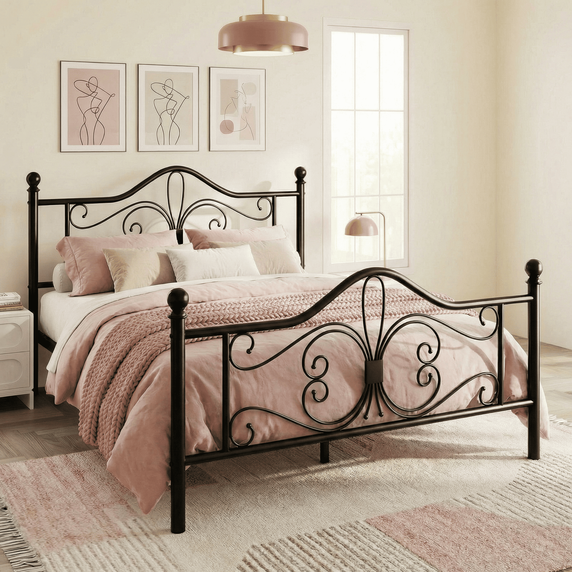 Einfach Metal Platform Bed Frame with Victorian Vintage Headboard, Heavy-Duty Bed Frame, 12.28" Under-Bed Storage, Easy Assembly