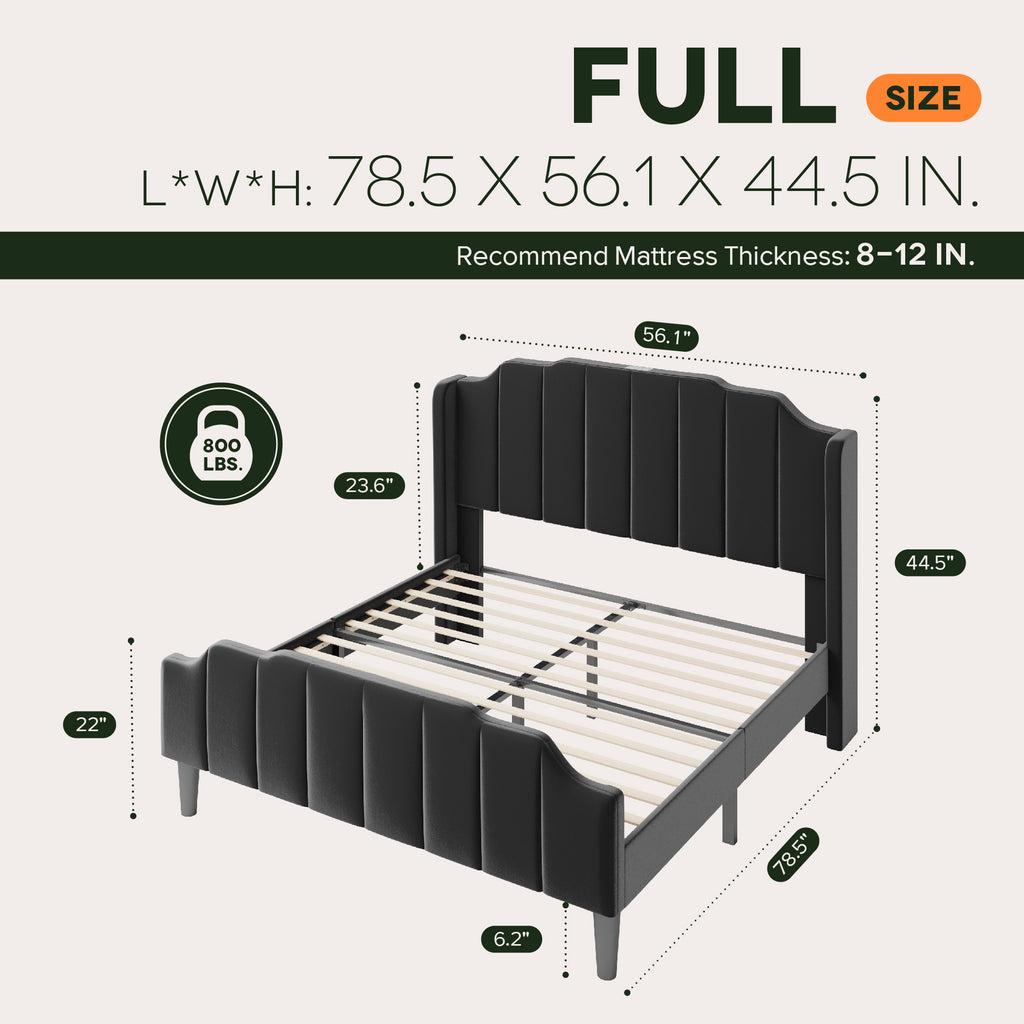 Einfach Platform Bed Frame with Curved Velvet Wingback Headboard & USB Charging Station