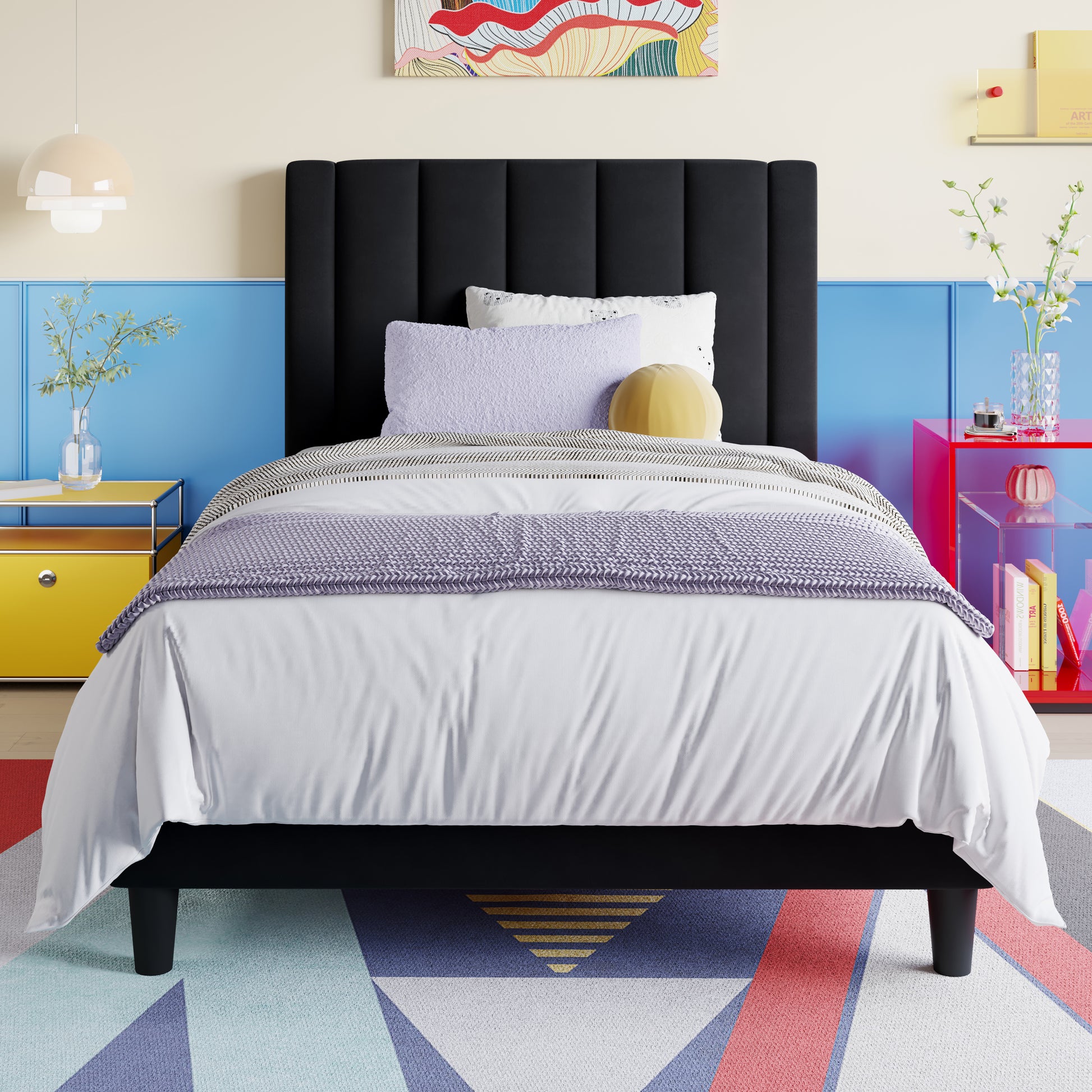 Einfach Twin Bed Frame, Platform Bed with Upholstered Velvet Vertical Channel Headboard