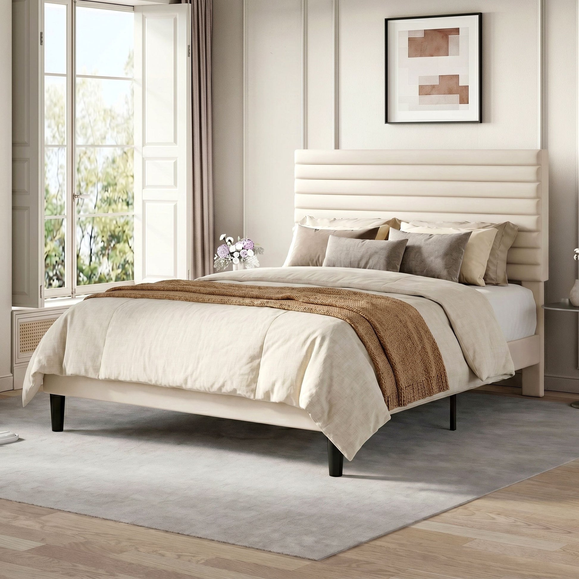 Einfach Bed Frame, Velvet Upholstered Platform Bed with Adjustable Headboard, Horizontal Channel Design, Wood Slat Support, No Box Spring Needed, Noise Free, Easy Assembly