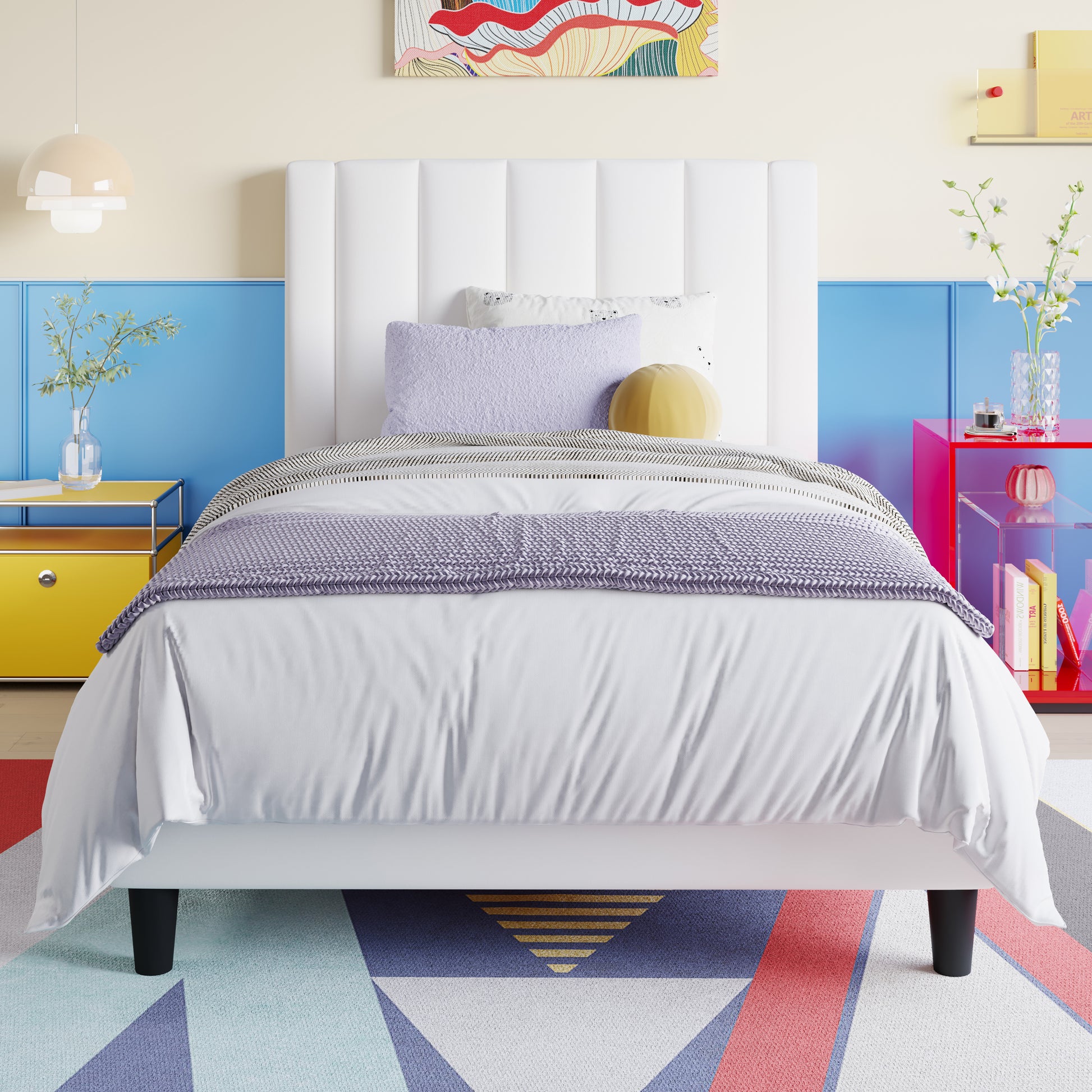 Einfach Twin Bed Frame, Platform Bed with Upholstered Velvet Vertical Channel Headboard