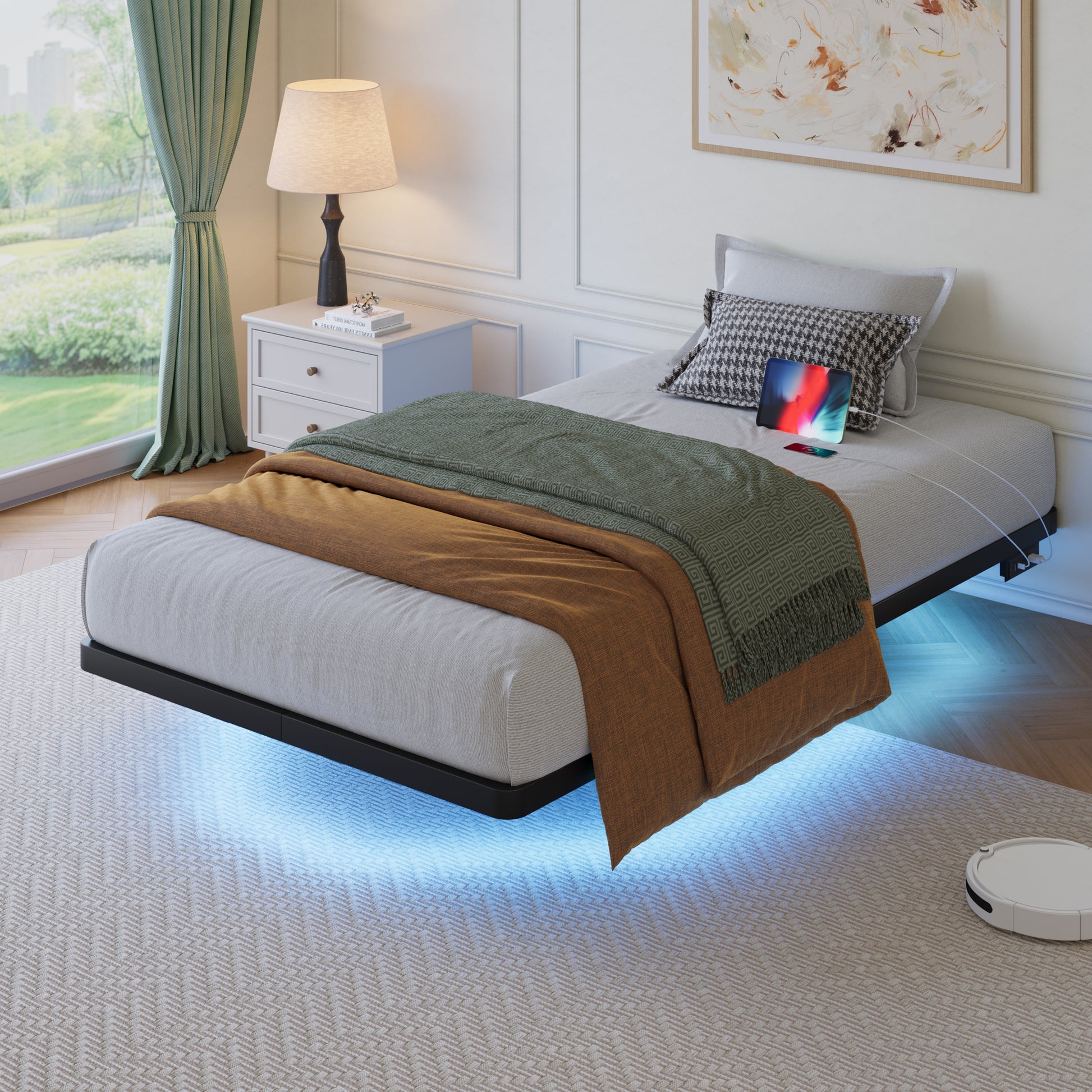 Einfach Floating Bed Frame with Smart LED Light and Built-in Charging Station, Metal Platform Bed with Heavy Duty Slat, Noise-Free