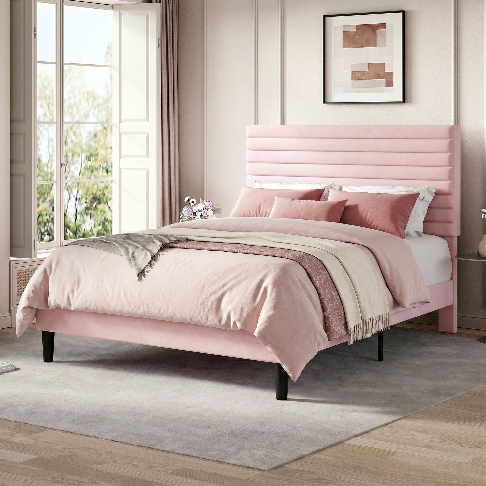 Einfach Bed Frame, Velvet Upholstered Platform Bed with Adjustable Headboard, Horizontal Channel Design, Wood Slat Support, No Box Spring Needed, Noise Free, Easy Assembly