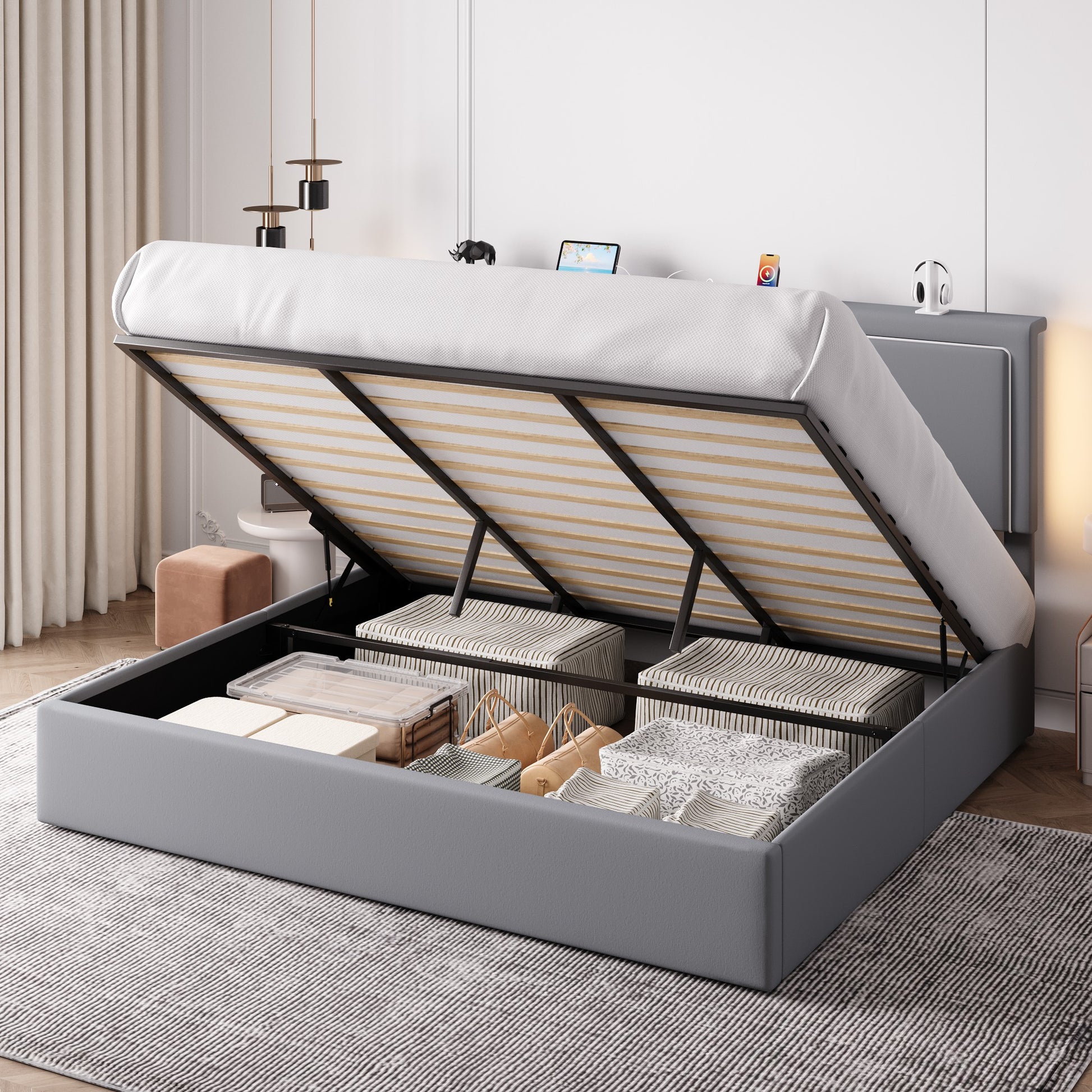 Einfach Lift Up Hydraulic Bed Frame, Upholstered Velvet Storage Headboard Platform Bed with LED Light and Built-in Charging Station