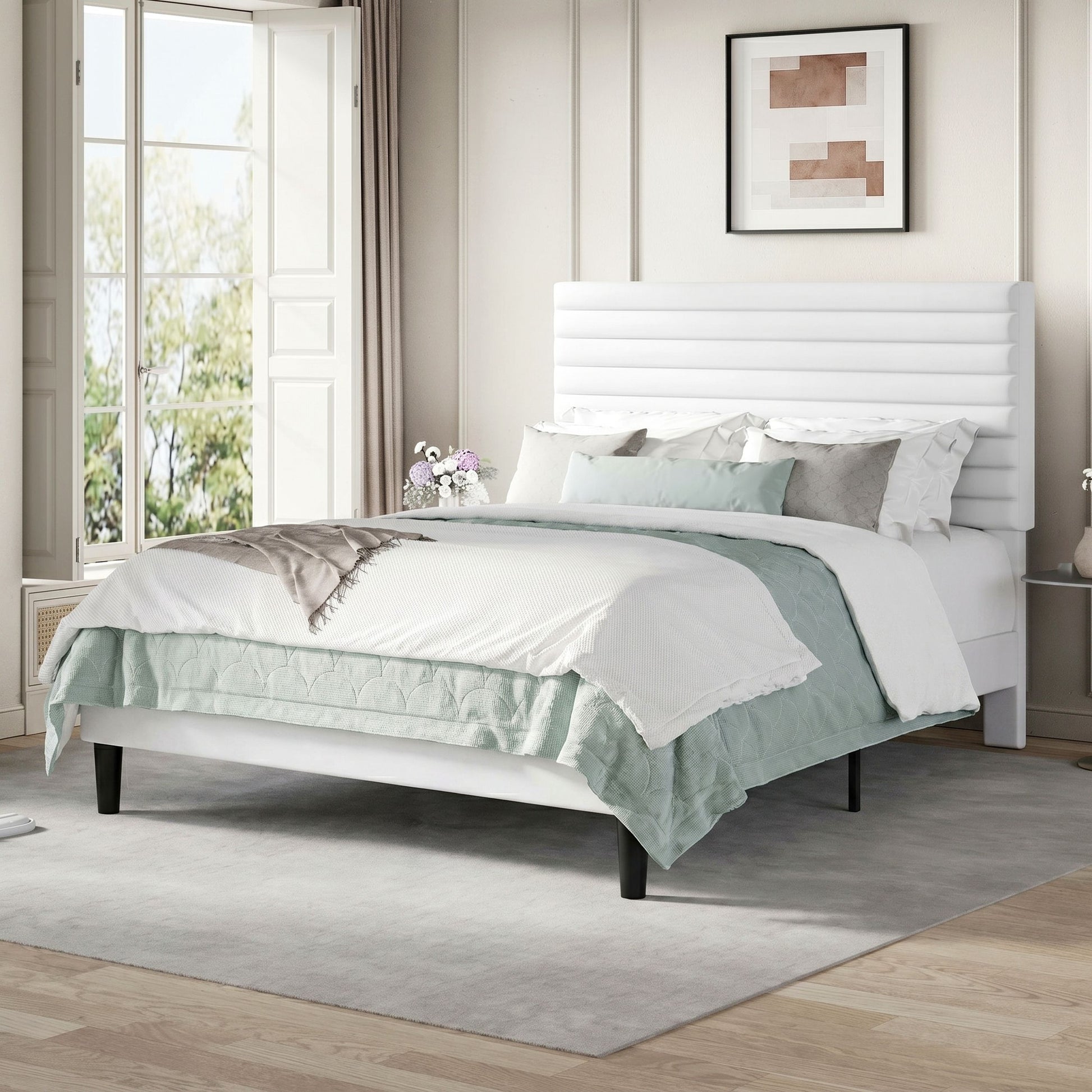 Einfach Bed Frame, Velvet Upholstered Platform Bed with Adjustable Headboard, Horizontal Channel Design, Wood Slat Support, No Box Spring Needed, Noise Free, Easy Assembly