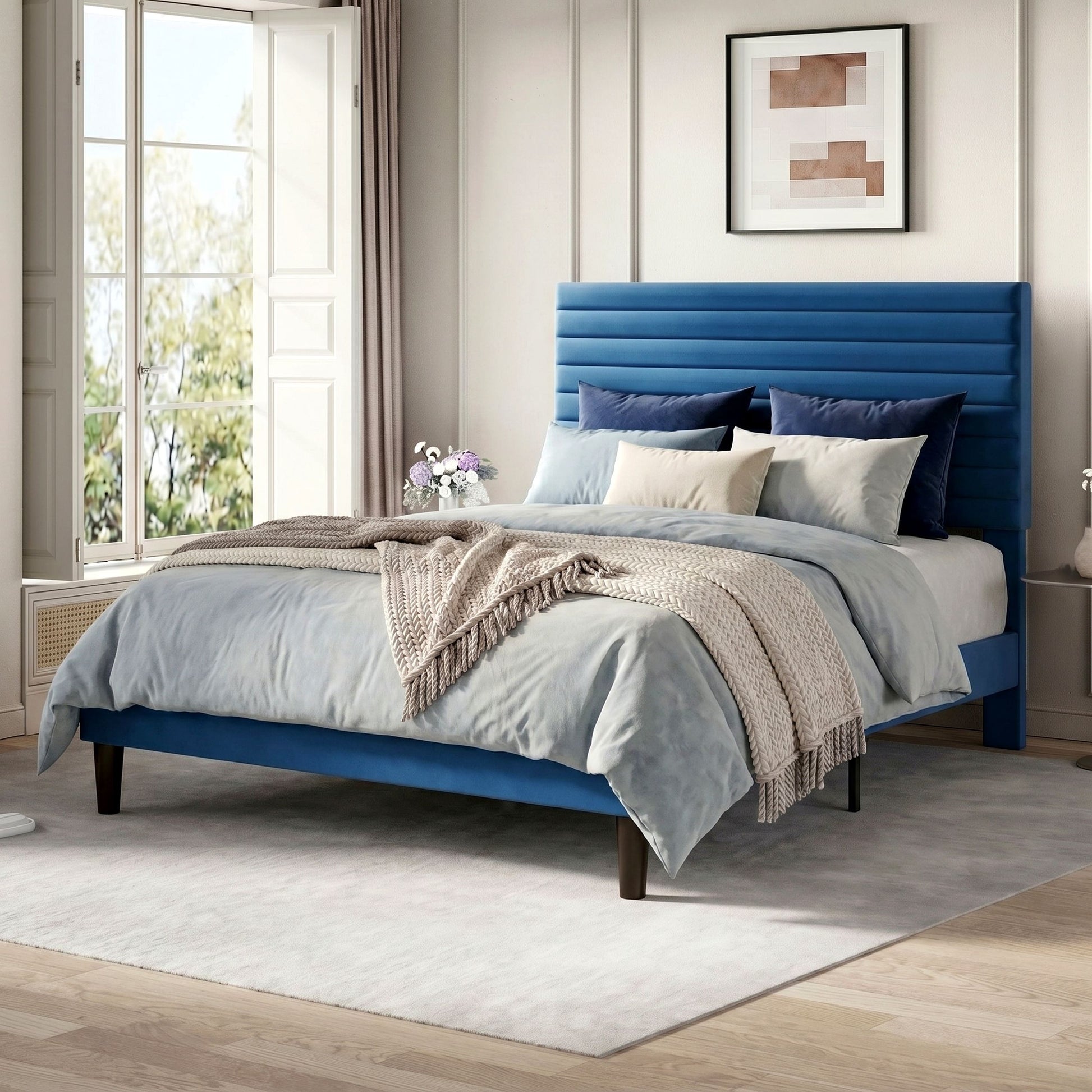 Einfach Bed Frame, Velvet Upholstered Platform Bed with Adjustable Headboard, Horizontal Channel Design, Wood Slat Support, No Box Spring Needed, Noise Free, Easy Assembly