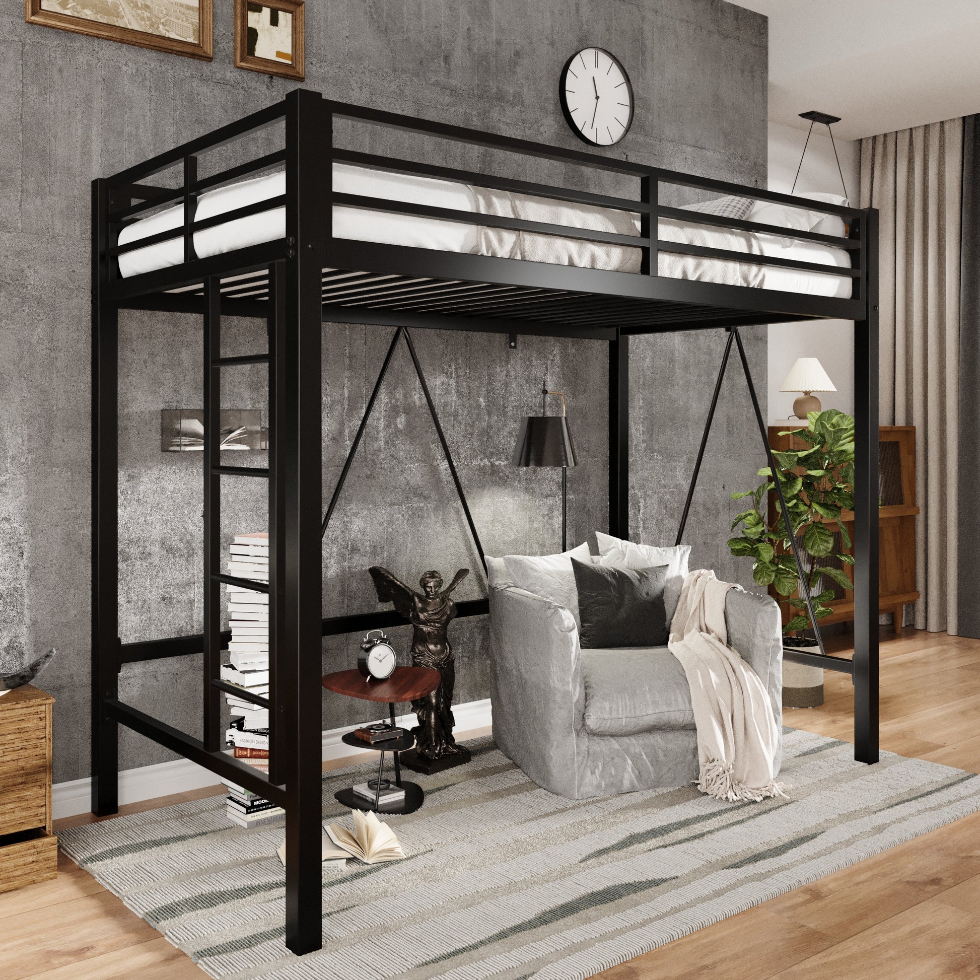 Einfach Twin Size Metal Loft Bed with Full-Length Guardrail & Removable Ladder