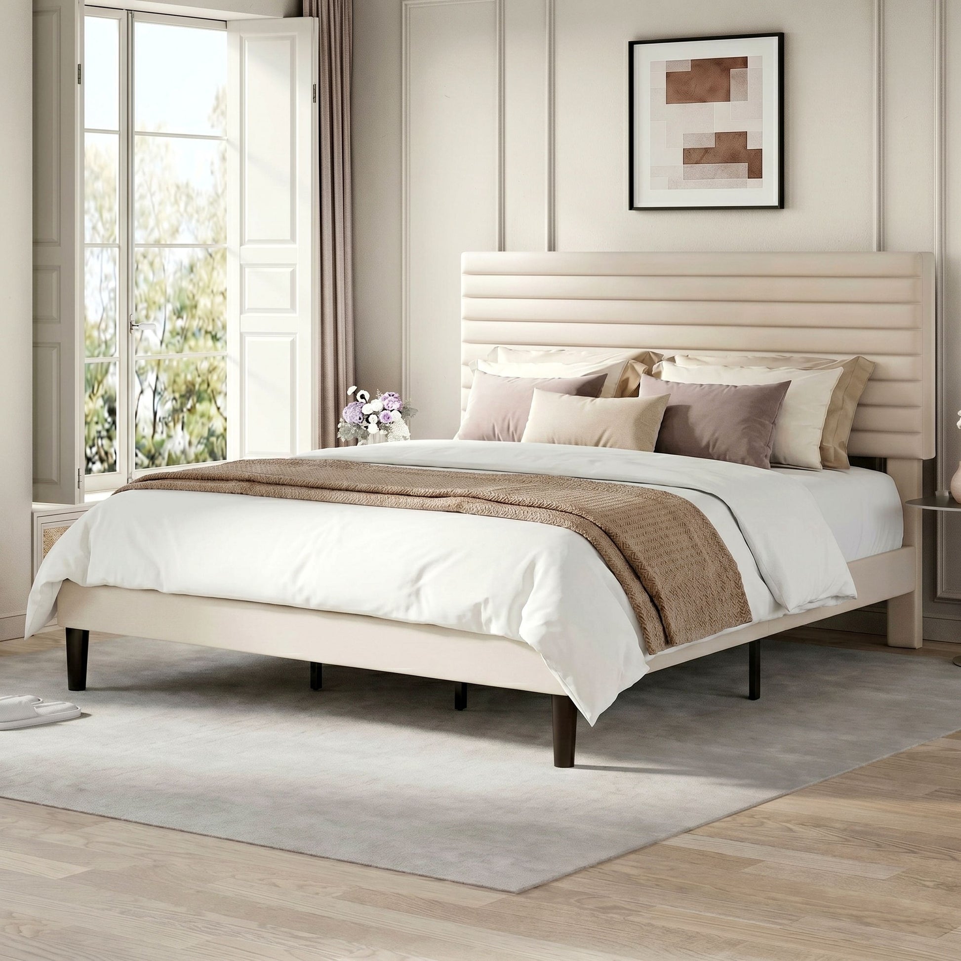 Einfach Bed Frame, Velvet Upholstered Platform Bed with Adjustable Headboard, Horizontal Channel Design, Wood Slat Support, No Box Spring Needed, Noise Free, Easy Assembly