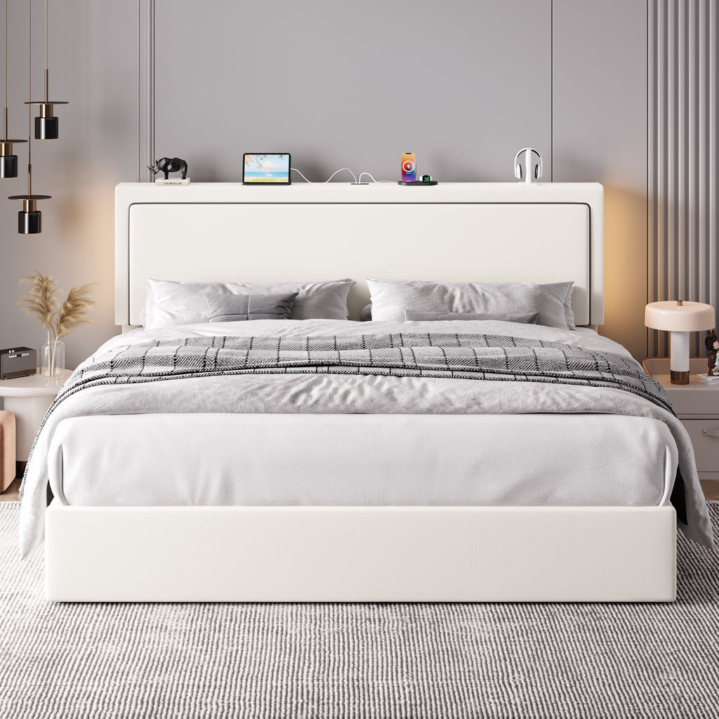 Einfach Lift Up Hydraulic Bed Frame, Upholstered Velvet Storage Headboard Platform Bed with LED Light and Built-in Charging Station