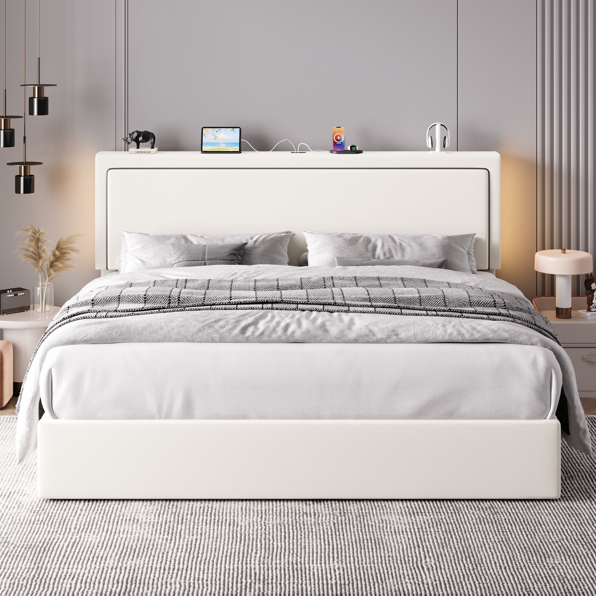 Einfach Lift Up Hydraulic Bed Frame, Upholstered Velvet Storage Headboard Platform Bed with LED Light and Built-in Charging Station