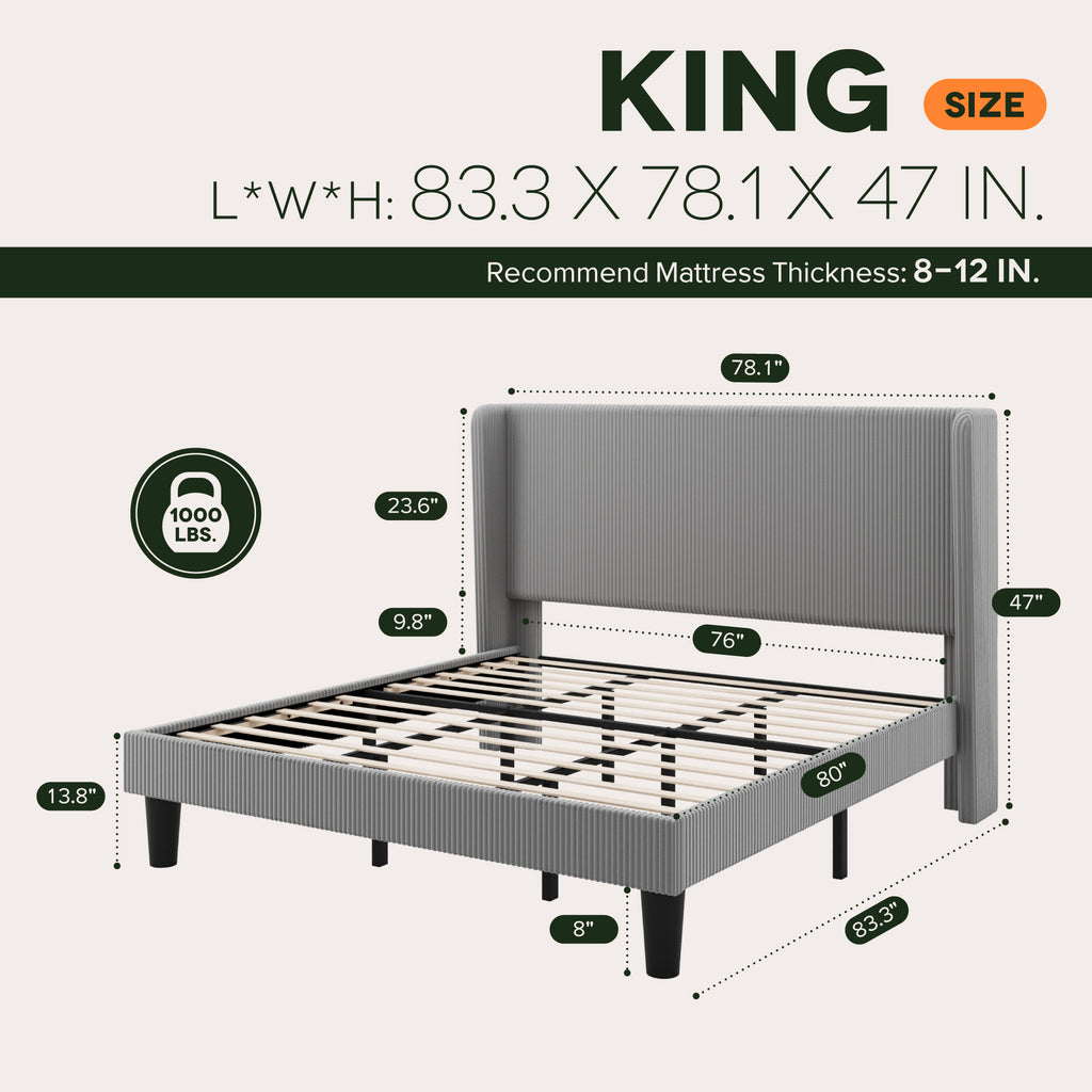 Einfach Luxury Channel-Tufted Corduroy Velvet Platform Bed Frame with Wingback Headboard
