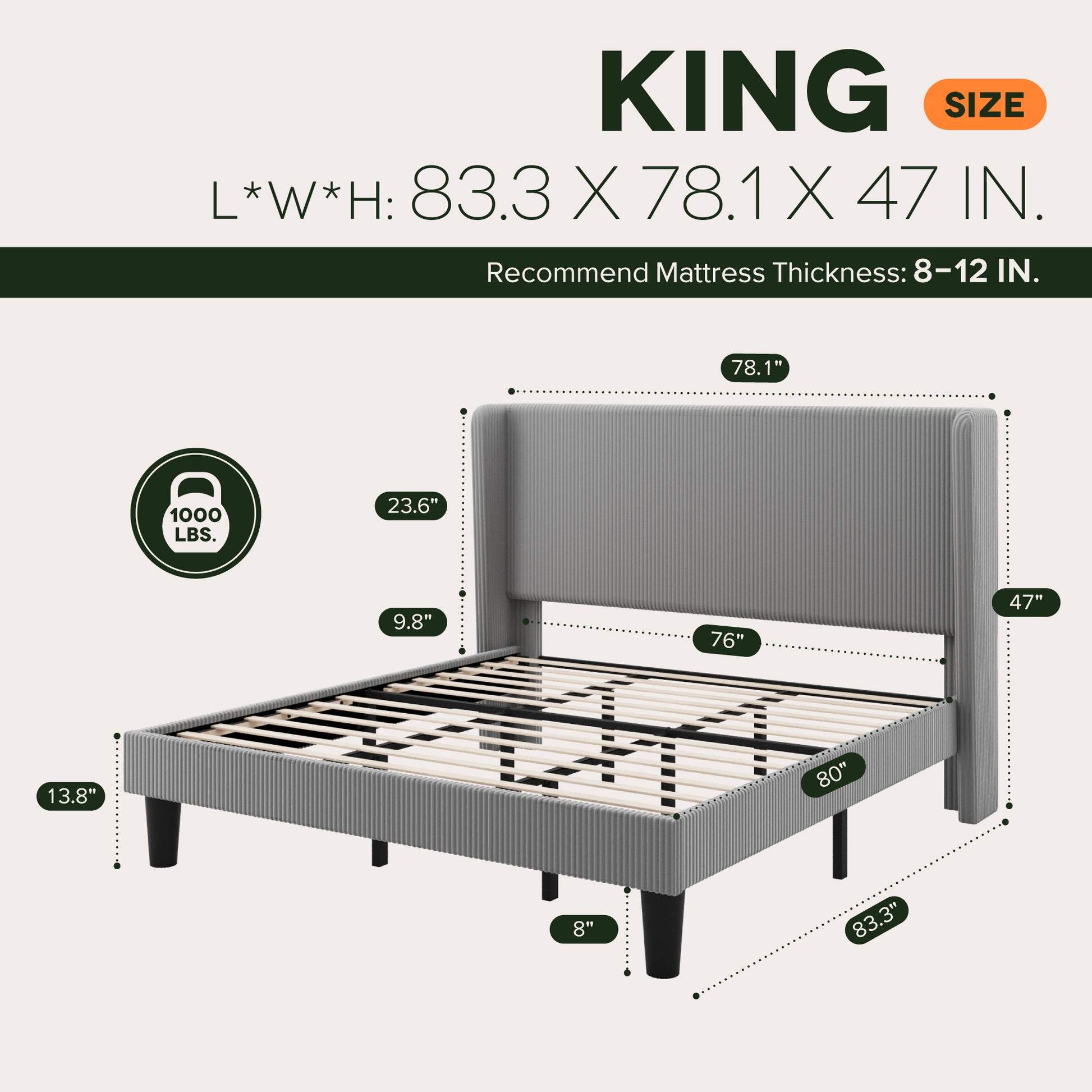 Einfach Luxury Channel-Tufted Corduroy Velvet Platform Bed Frame with Wingback Headboard