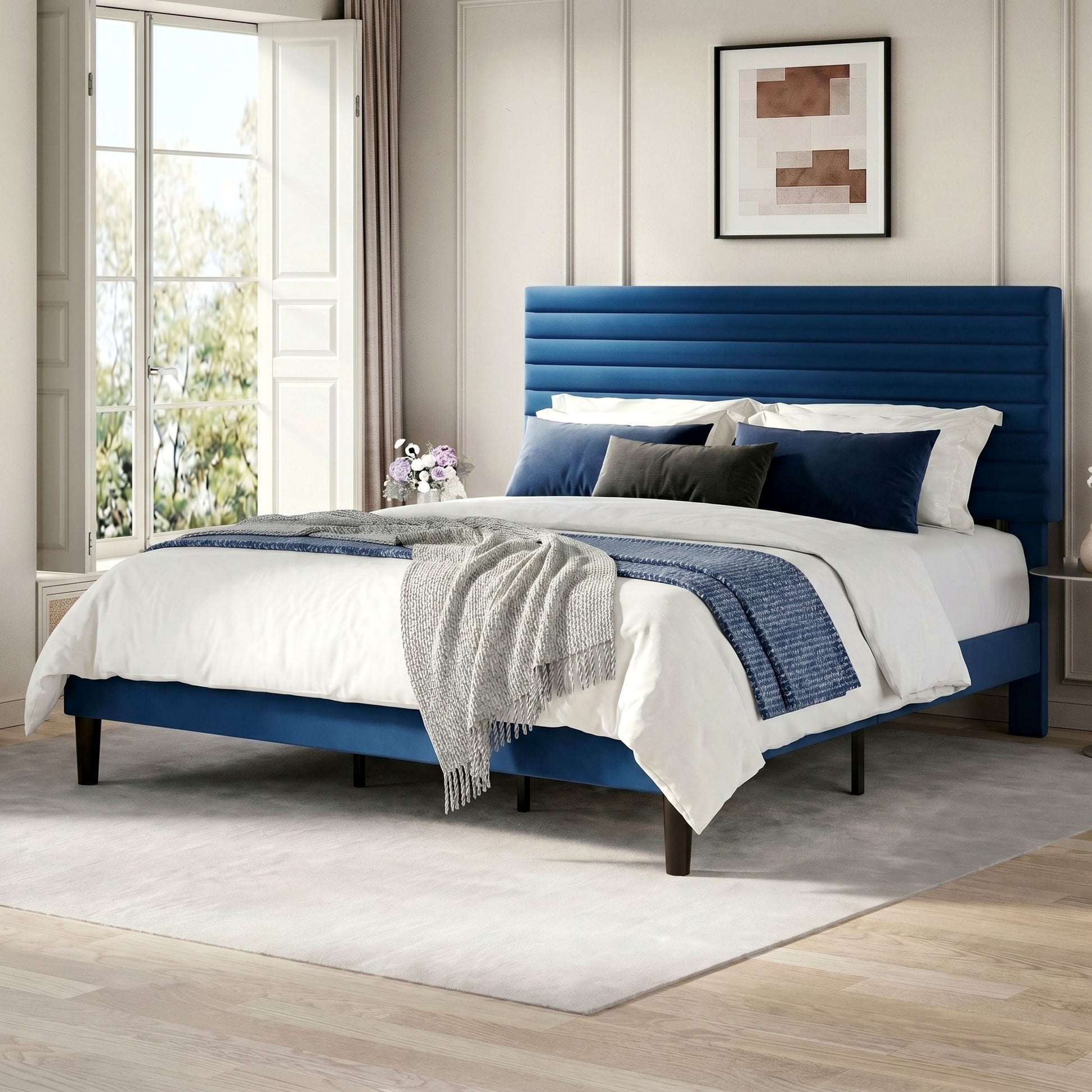 Einfach Bed Frame, Velvet Upholstered Platform Bed with Adjustable Headboard, Horizontal Channel Design, Wood Slat Support, No Box Spring Needed, Noise Free, Easy Assembly