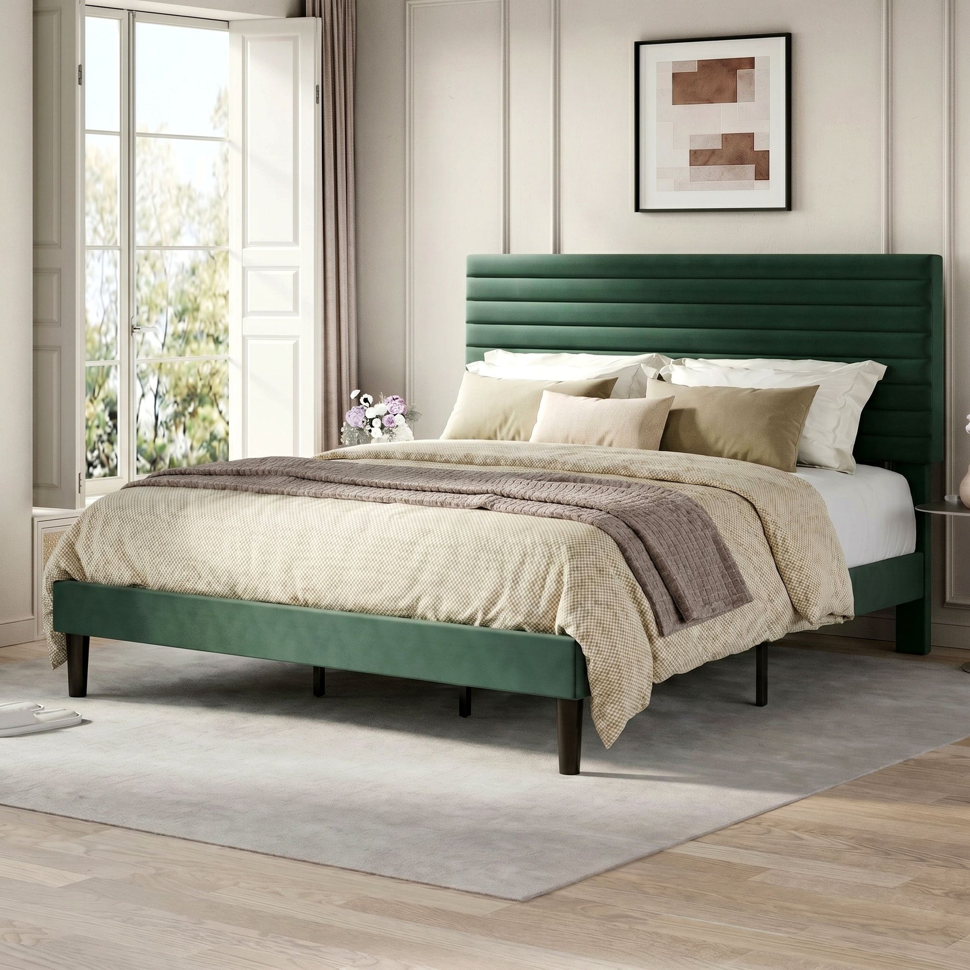 Einfach Bed Frame, Velvet Upholstered Platform Bed with Adjustable Headboard, Horizontal Channel Design, Wood Slat Support, No Box Spring Needed, Noise Free, Easy Assembly