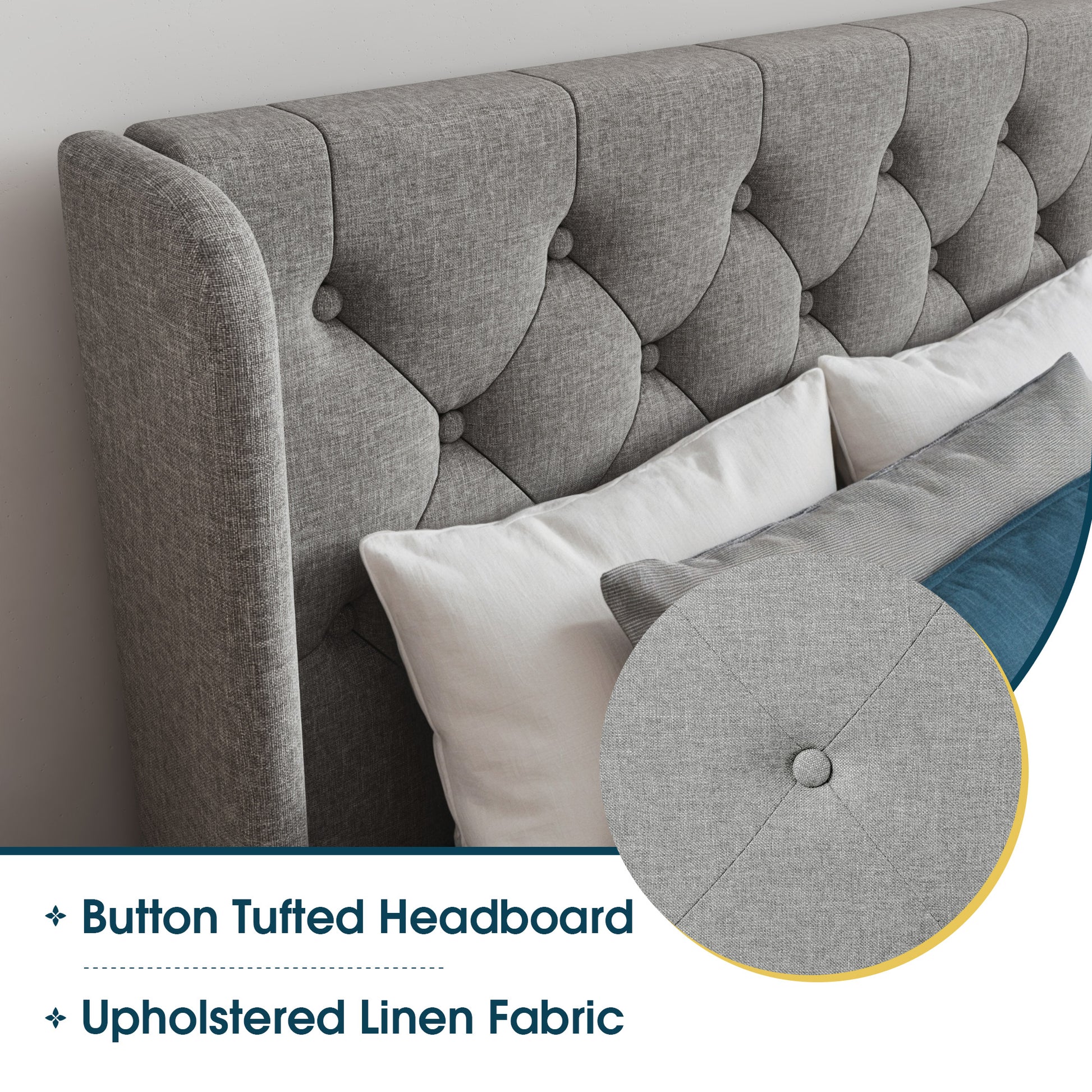 Einfach Upholstered Platform Bed with Classic Button Tufted Headboard, Wingback Design