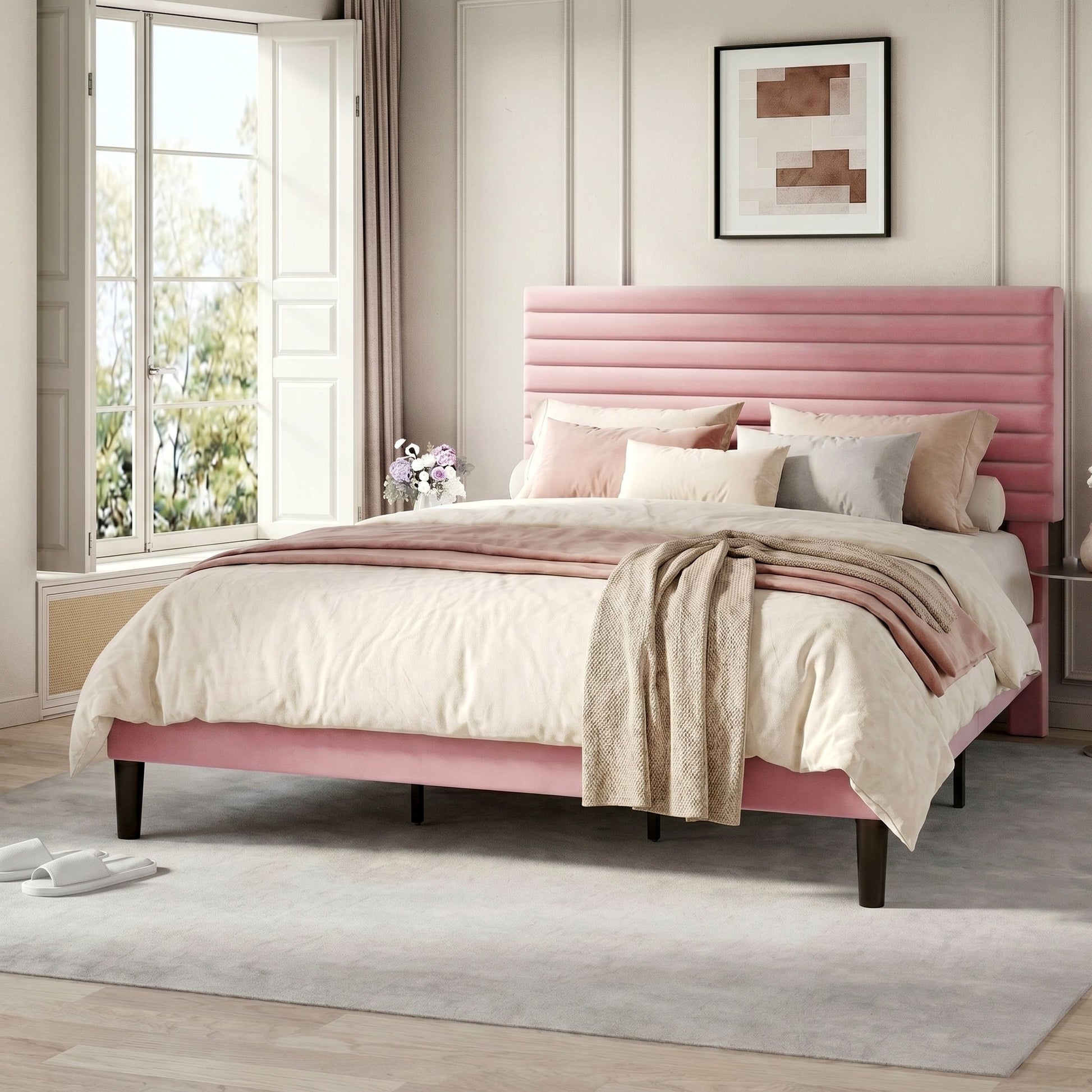 Einfach Bed Frame, Velvet Upholstered Platform Bed with Adjustable Headboard, Horizontal Channel Design, Wood Slat Support, No Box Spring Needed, Noise Free, Easy Assembly