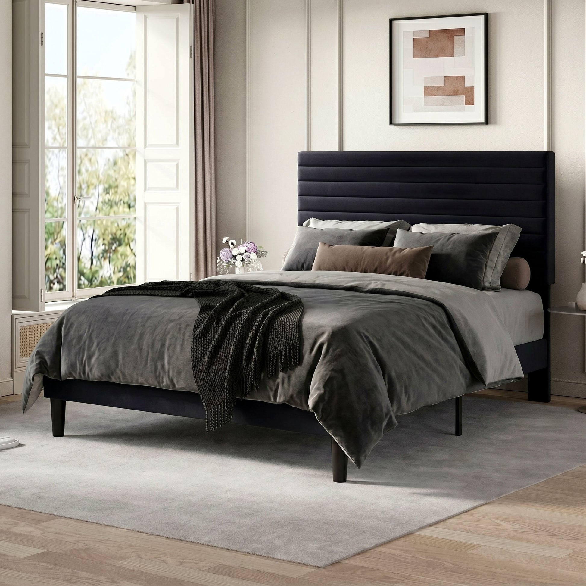 Einfach Bed Frame, Velvet Upholstered Platform Bed with Adjustable Headboard, Horizontal Channel Design, Wood Slat Support, No Box Spring Needed, Noise Free, Easy Assembly