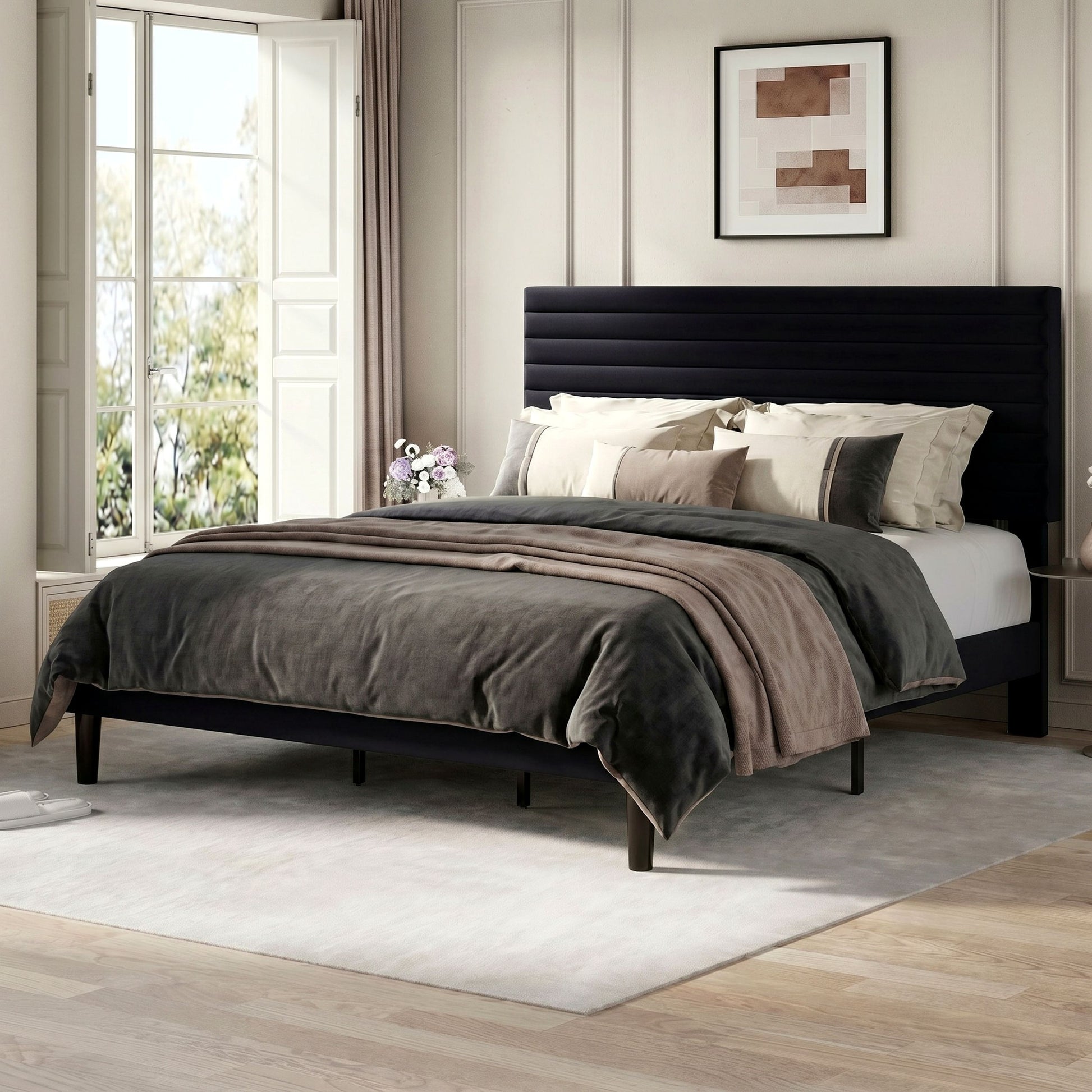 Einfach Bed Frame, Velvet Upholstered Platform Bed with Adjustable Headboard, Horizontal Channel Design, Wood Slat Support, No Box Spring Needed, Noise Free, Easy Assembly
