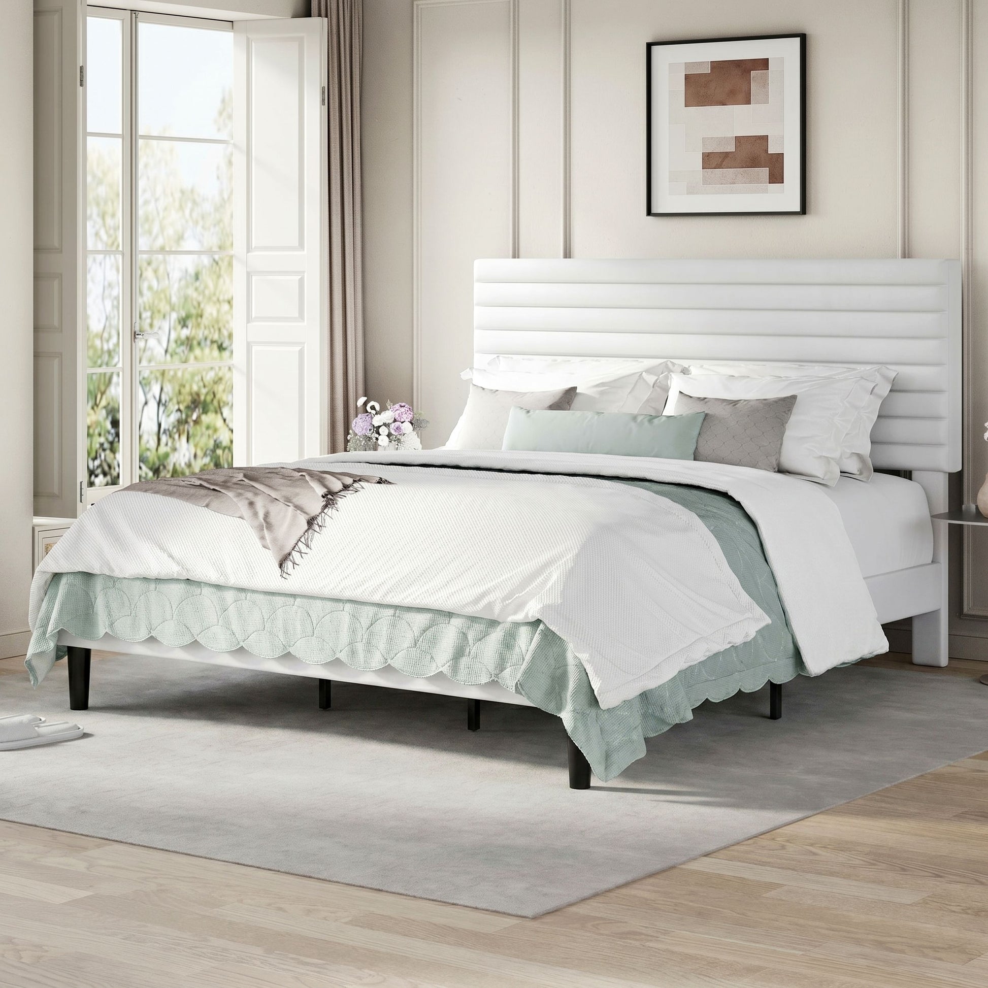 Einfach Bed Frame, Velvet Upholstered Platform Bed with Adjustable Headboard, Horizontal Channel Design, Wood Slat Support, No Box Spring Needed, Noise Free, Easy Assembly