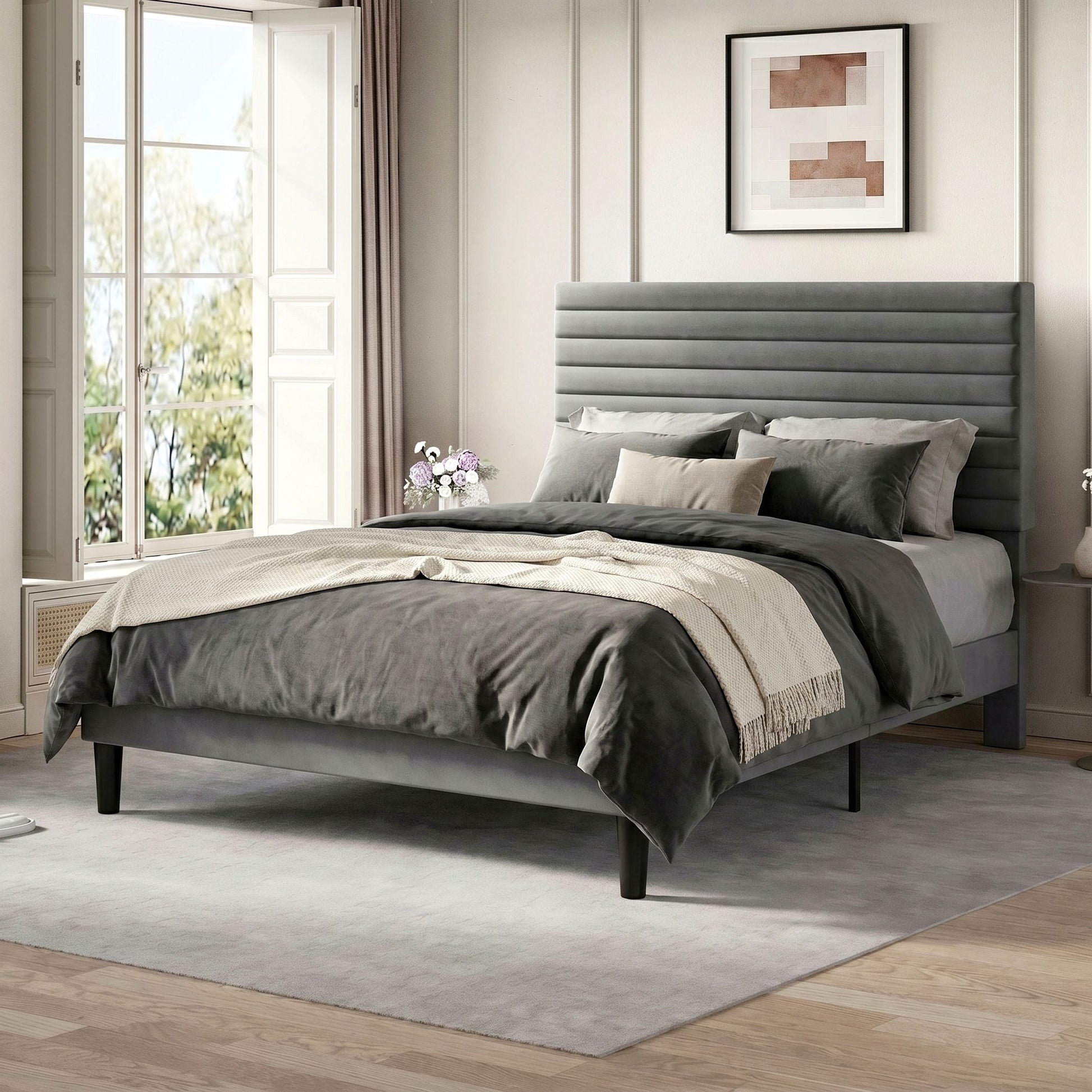 Einfach Bed Frame, Velvet Upholstered Platform Bed with Adjustable Headboard, Horizontal Channel Design, Wood Slat Support, No Box Spring Needed, Noise Free, Easy Assembly