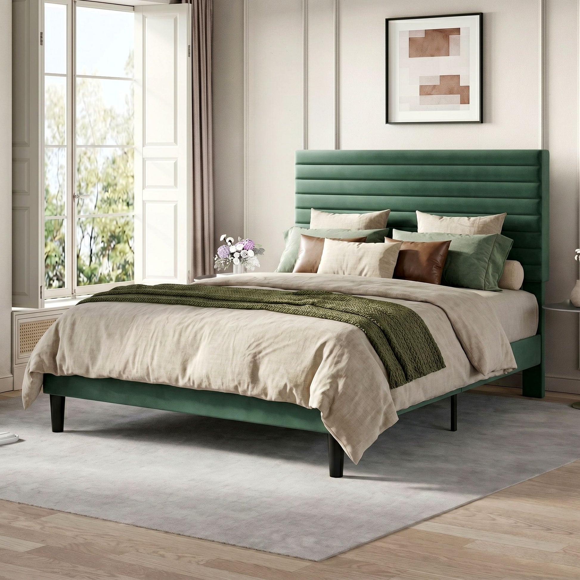 Einfach Bed Frame, Velvet Upholstered Platform Bed with Adjustable Headboard, Horizontal Channel Design, Wood Slat Support, No Box Spring Needed, Noise Free, Easy Assembly