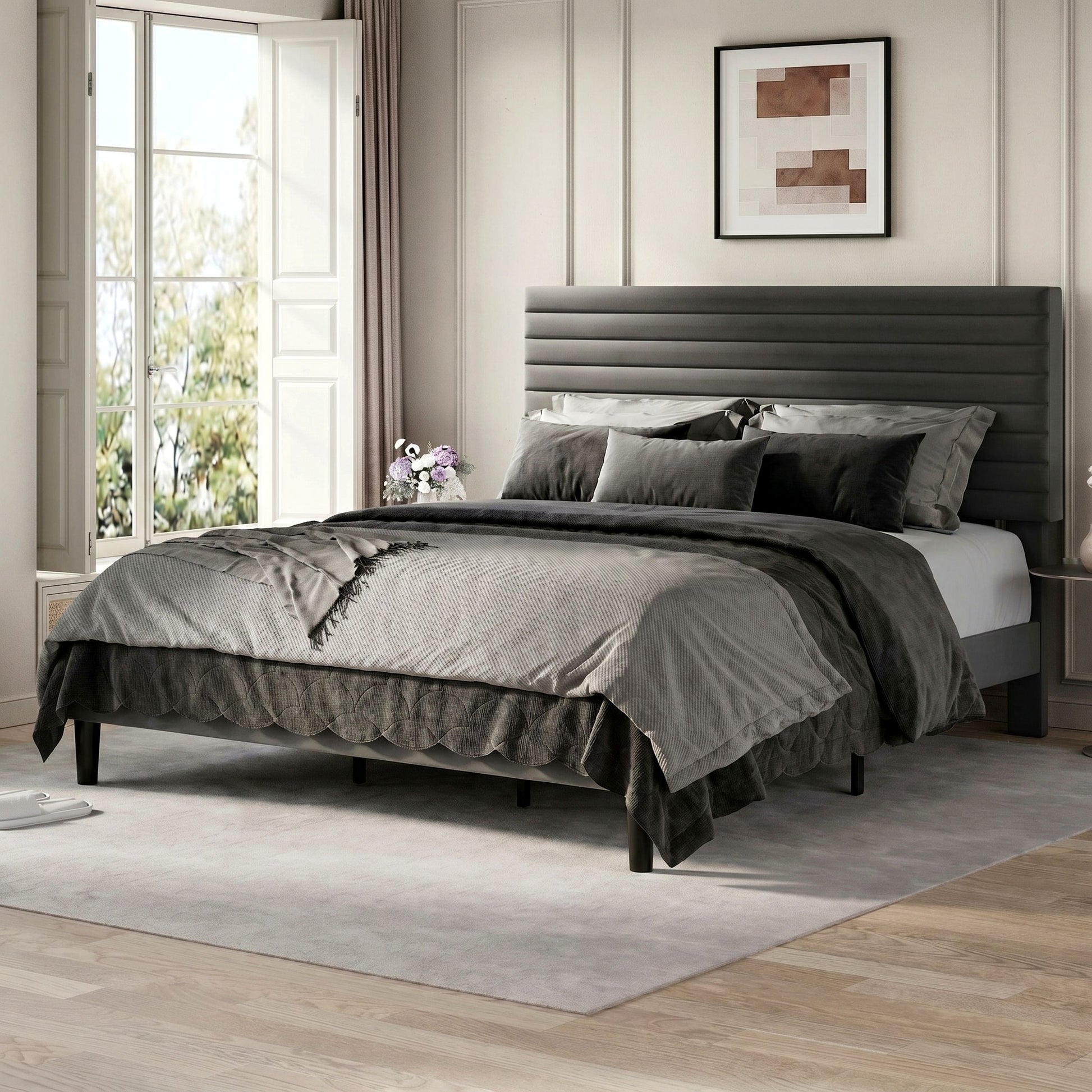 Einfach Bed Frame, Velvet Upholstered Platform Bed with Adjustable Headboard, Horizontal Channel Design, Wood Slat Support, No Box Spring Needed, Noise Free, Easy Assembly