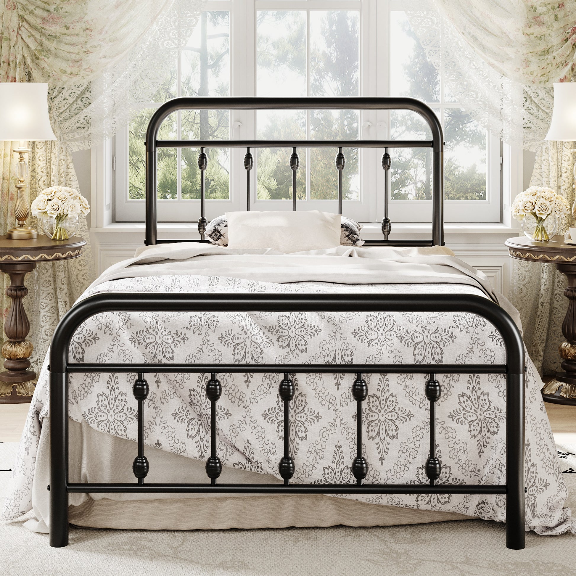 Einfach Bed Frame, Metal Platform Bed with Vintage Headboard, No Box Spring Needed, Heavy Duty