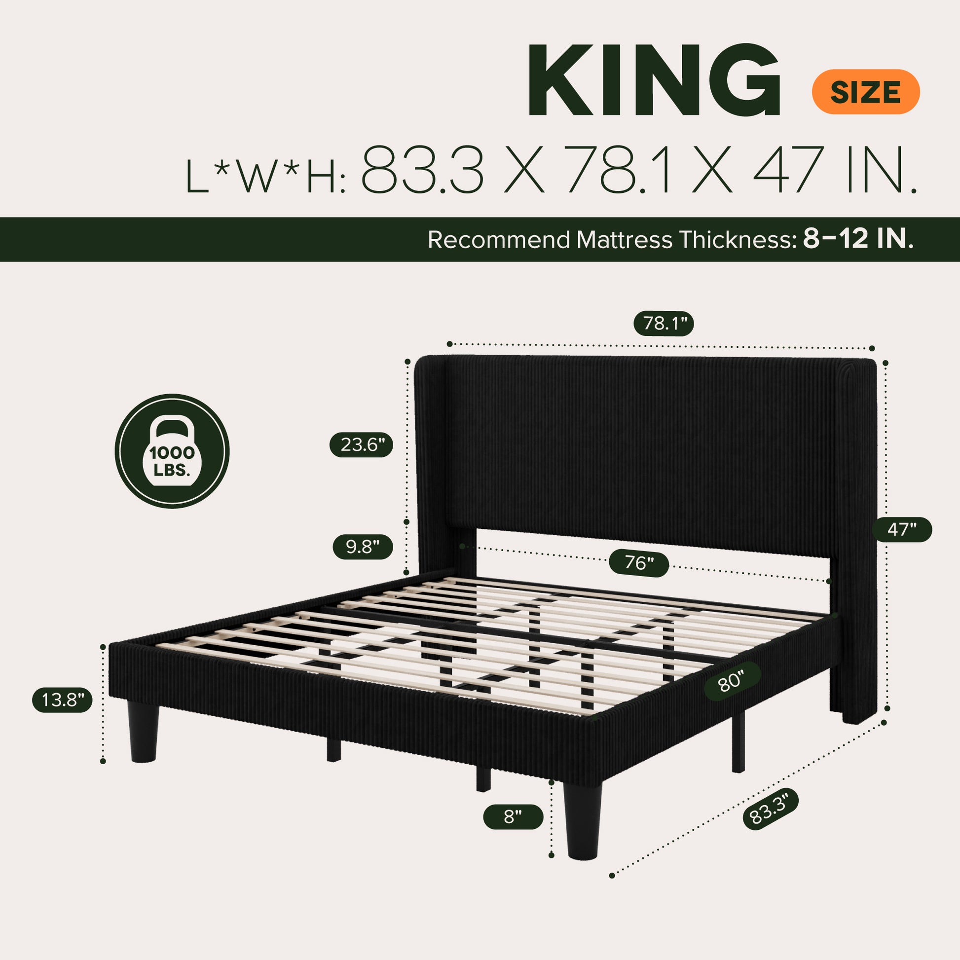 Einfach Luxury Channel-Tufted Corduroy Velvet Platform Bed Frame with Wingback Headboard