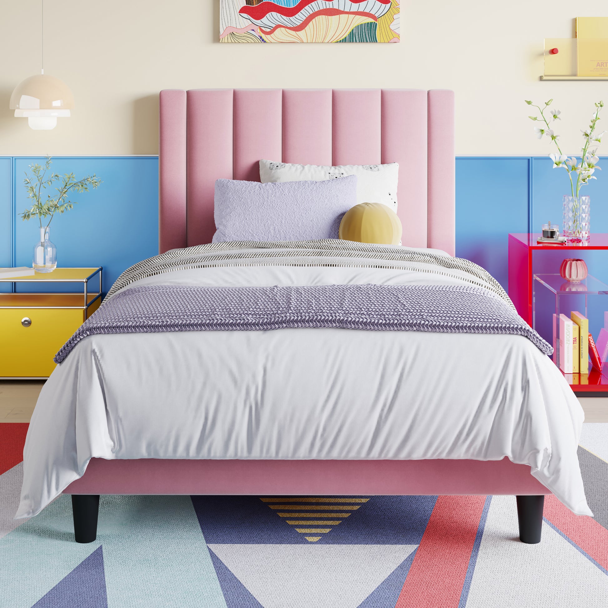 Einfach Twin Bed Frame, Platform Bed with Upholstered Velvet Vertical Channel Headboard