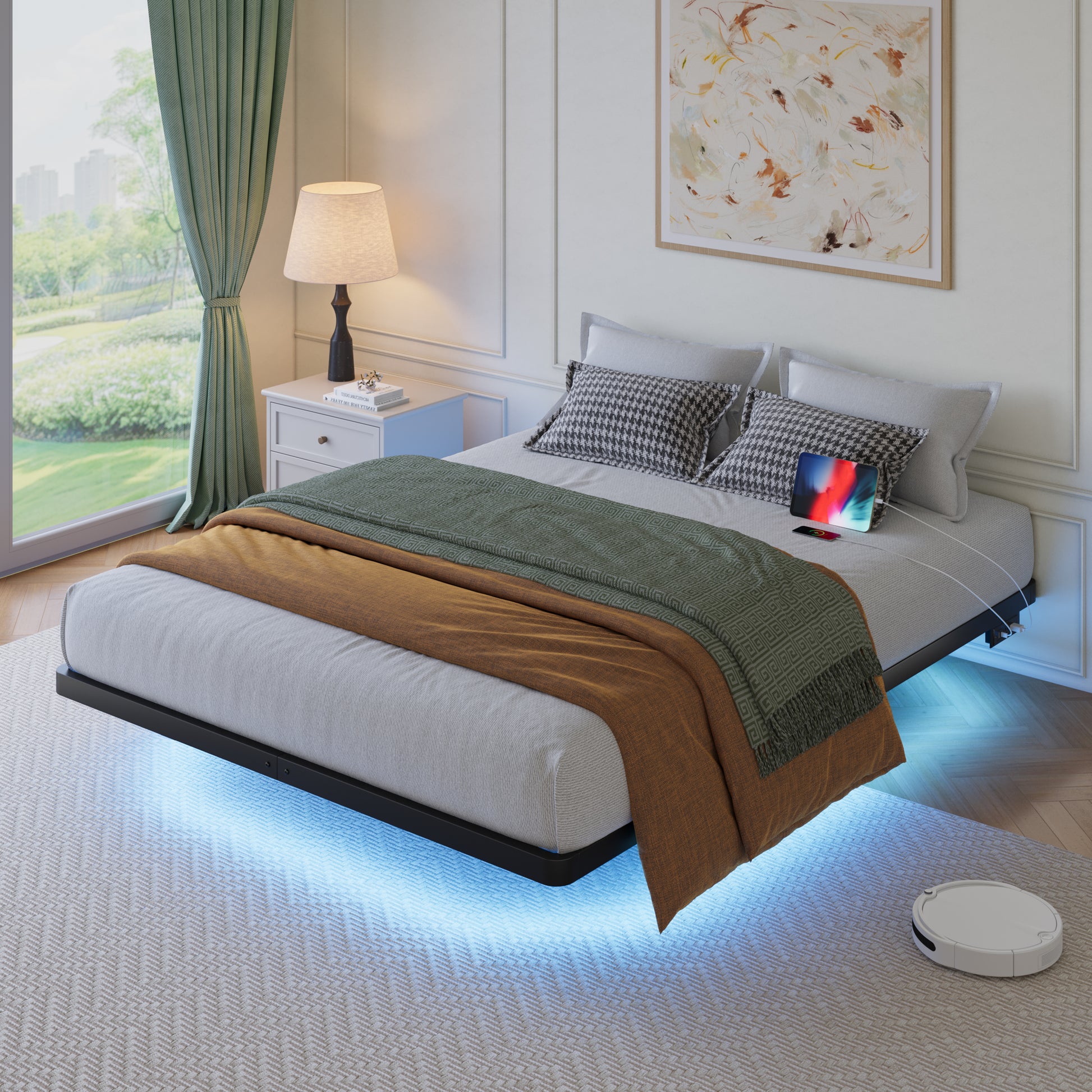 Einfach Floating Bed Frame with Smart LED Light and Built-in Charging Station, Metal Platform Bed with Heavy Duty Slat, Noise-Free