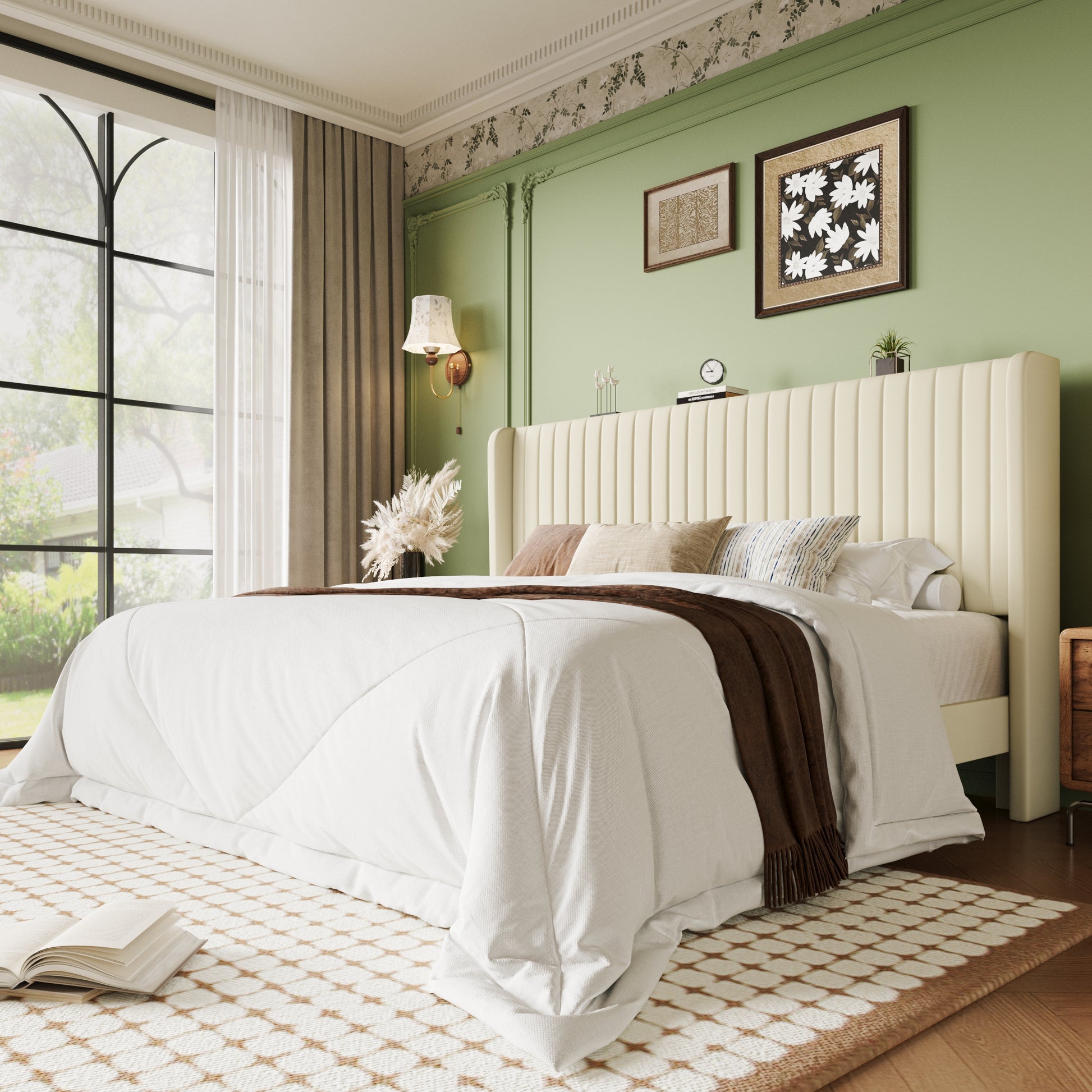 Einfach Upholstered Bed Frame with Wingback Headboard, Vertical Tufted, Velvet Finish