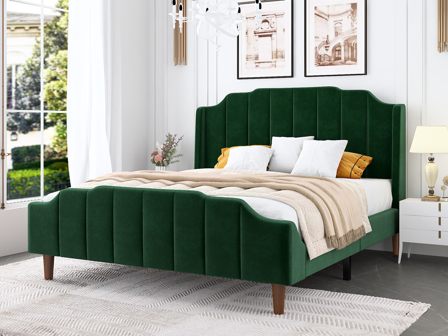 Einfach Queen Upholstered Platform Bed with Velvet Wingback