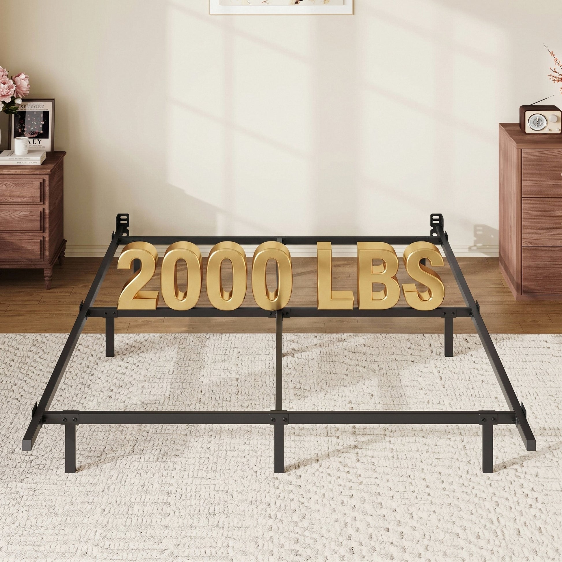Einfach Queen Bed Frame with Pre-Drilled Headboard Holes and Reinforced Side Rails, Heavy Duty, 2000 LBS Capacity, Black
