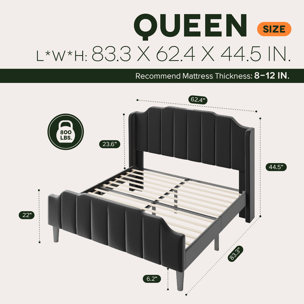 Einfach Platform Bed Frame with Curved Velvet Wingback Headboard & USB Charging Station