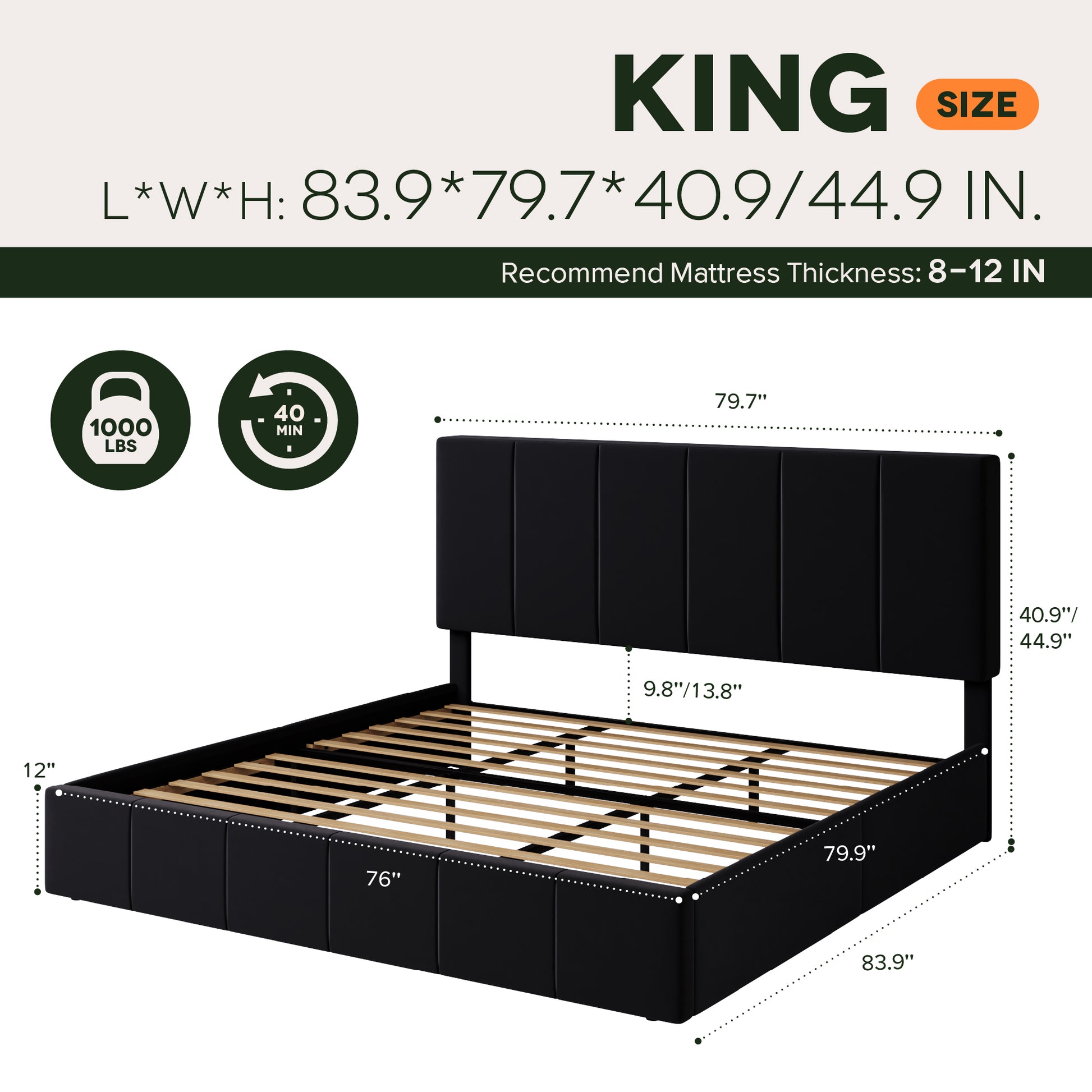 Einfach Bed Frame, Upholstered Platform Bed with Height Adjustable Headboard, Easy Assembly, Noise-Free