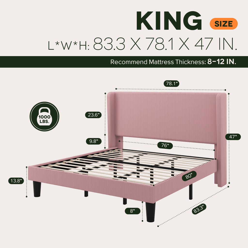 Einfach Luxury Channel-Tufted Corduroy Velvet Platform Bed Frame with Wingback Headboard