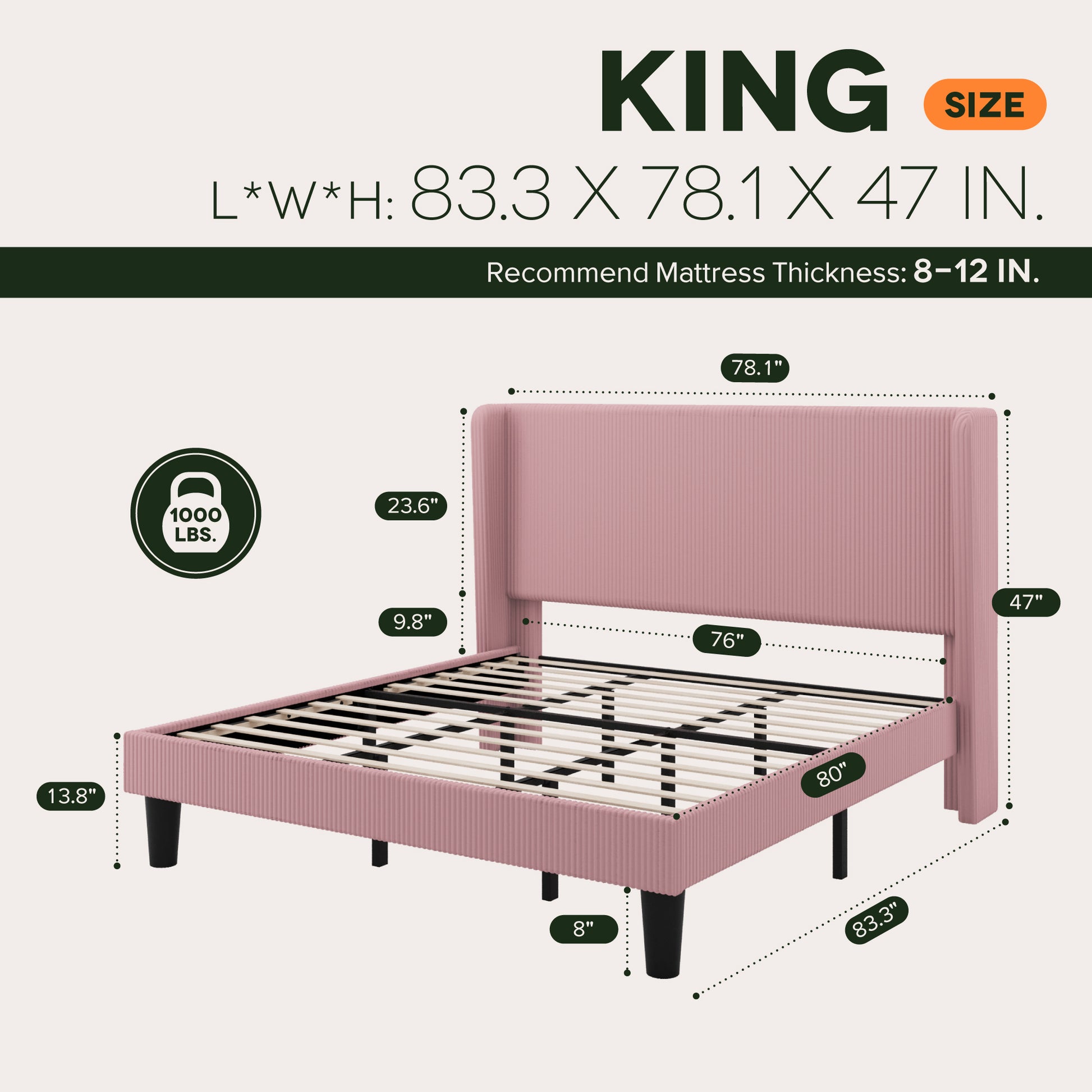 Einfach Luxury Channel-Tufted Corduroy Velvet Platform Bed Frame with Wingback Headboard