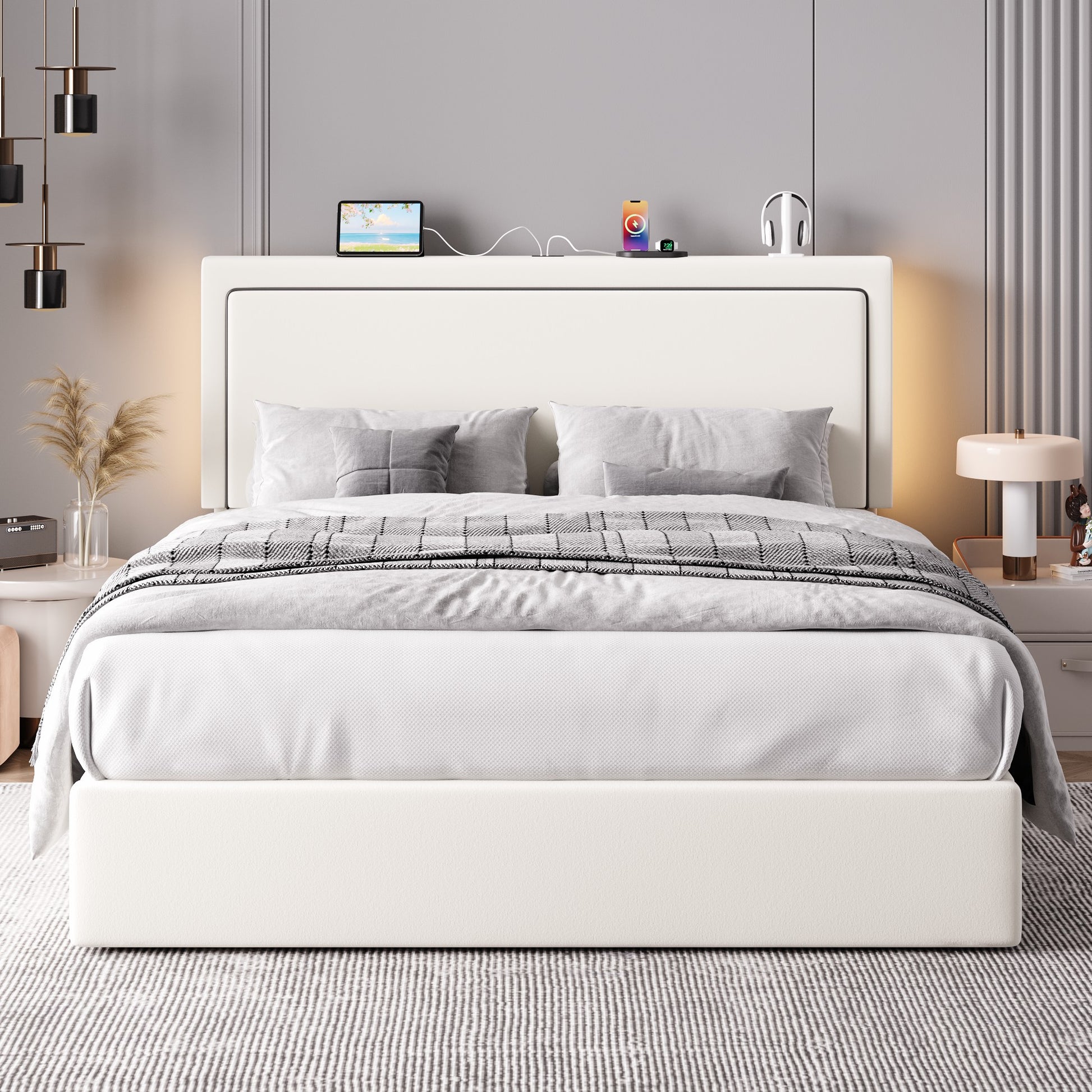 Einfach Lift Up Hydraulic Bed Frame, Upholstered Velvet Storage Headboard Platform Bed with LED Light and Built-in Charging Station