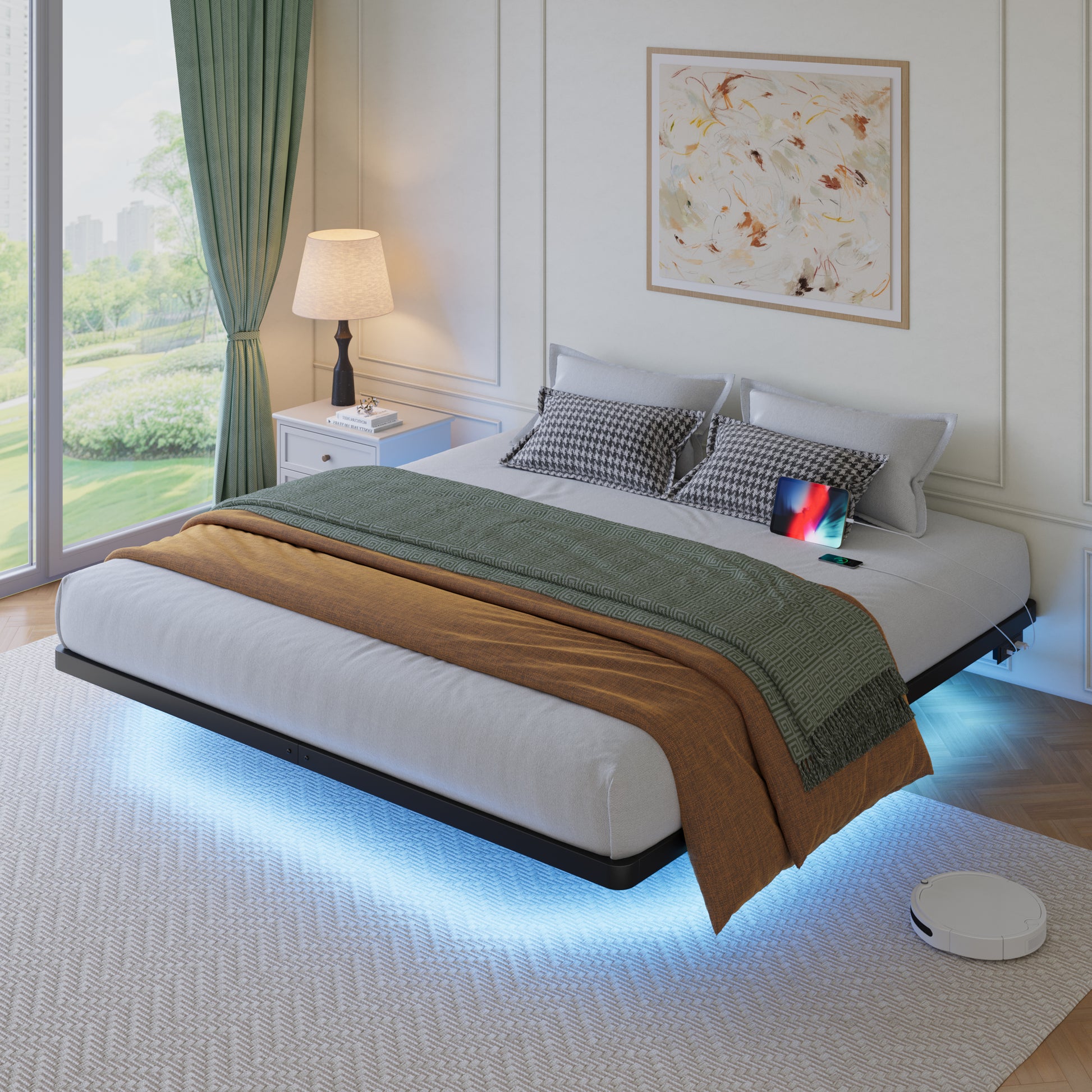 Einfach Floating Bed Frame with Smart LED Light and Built-in Charging Station, Metal Platform Bed with Heavy Duty Slat, Noise-Free