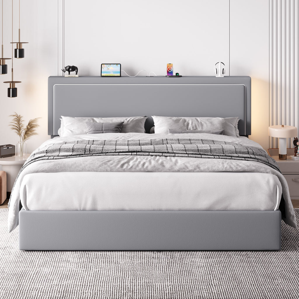 Einfach Lift Up Hydraulic Bed Frame, Upholstered Velvet Storage Headboard Platform Bed with LED Light and Built-in Charging Station