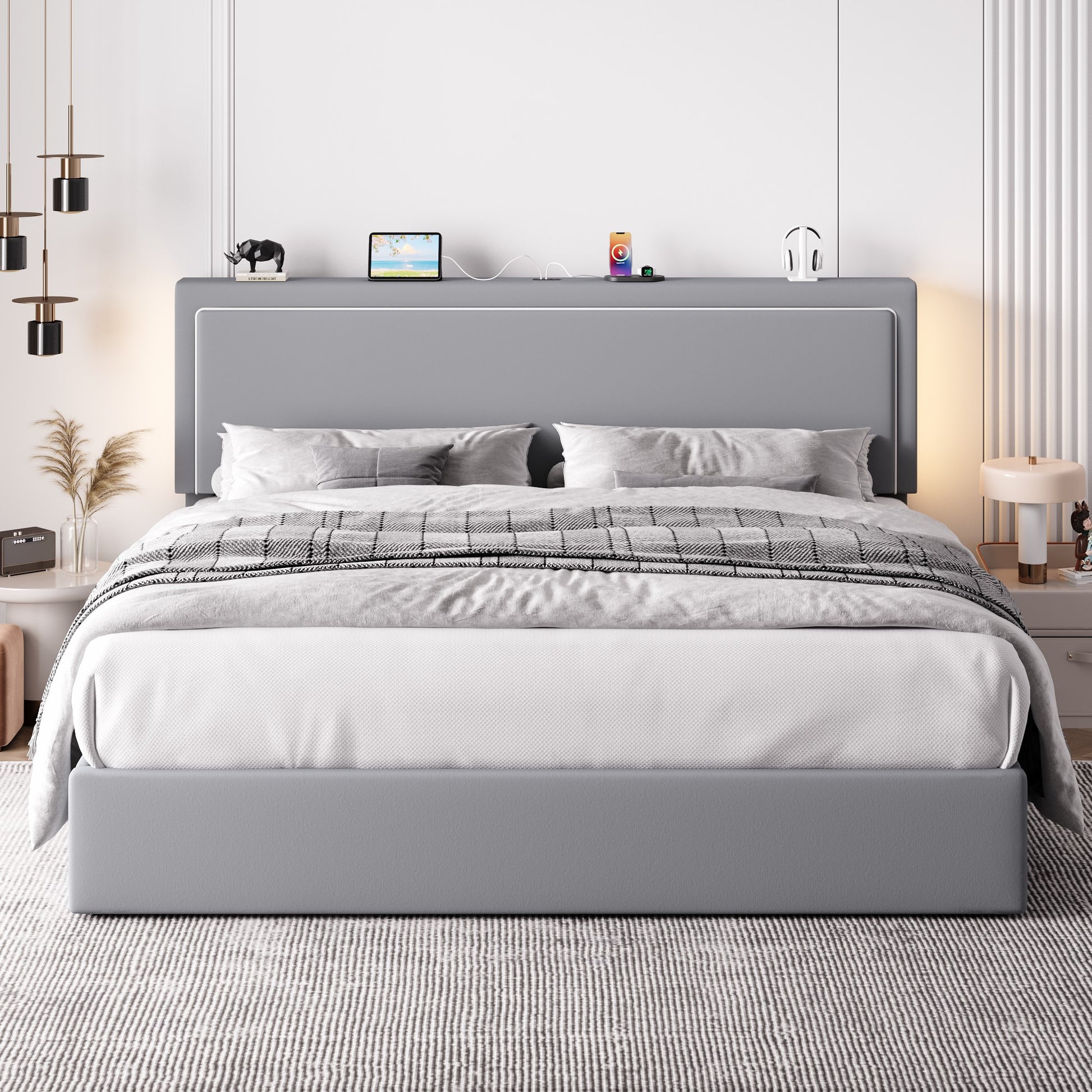 Einfach Lift Up Hydraulic Bed Frame, Upholstered Velvet Storage Headboard Platform Bed with LED Light and Built-in Charging Station
