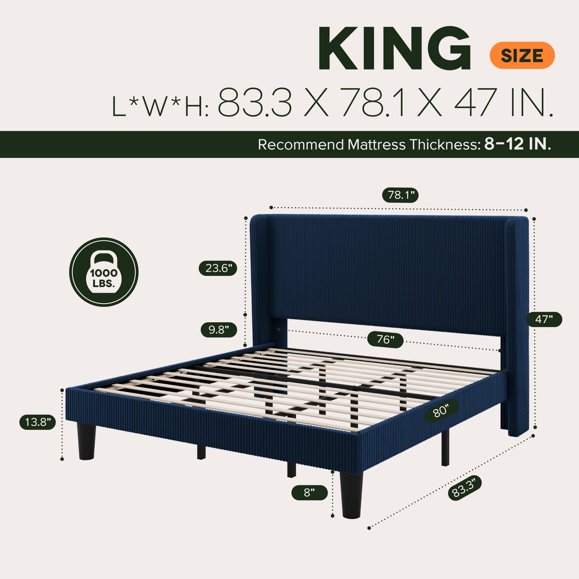 Einfach Luxury Channel-Tufted Corduroy Velvet Platform Bed Frame with Wingback Headboard