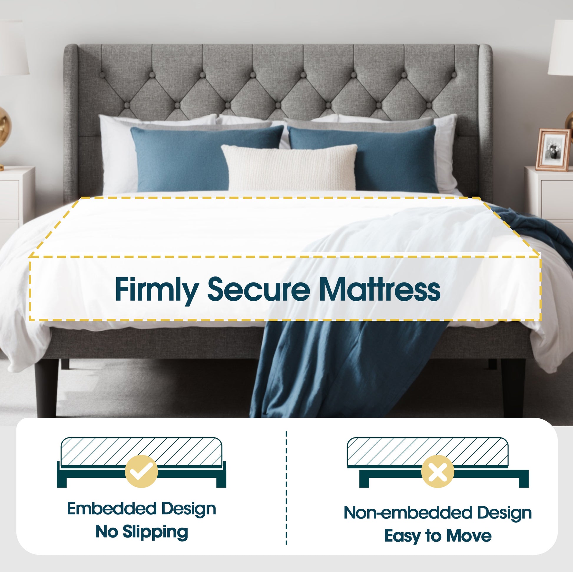 Einfach Upholstered Platform Bed with Classic Button Tufted Headboard, Wingback Design