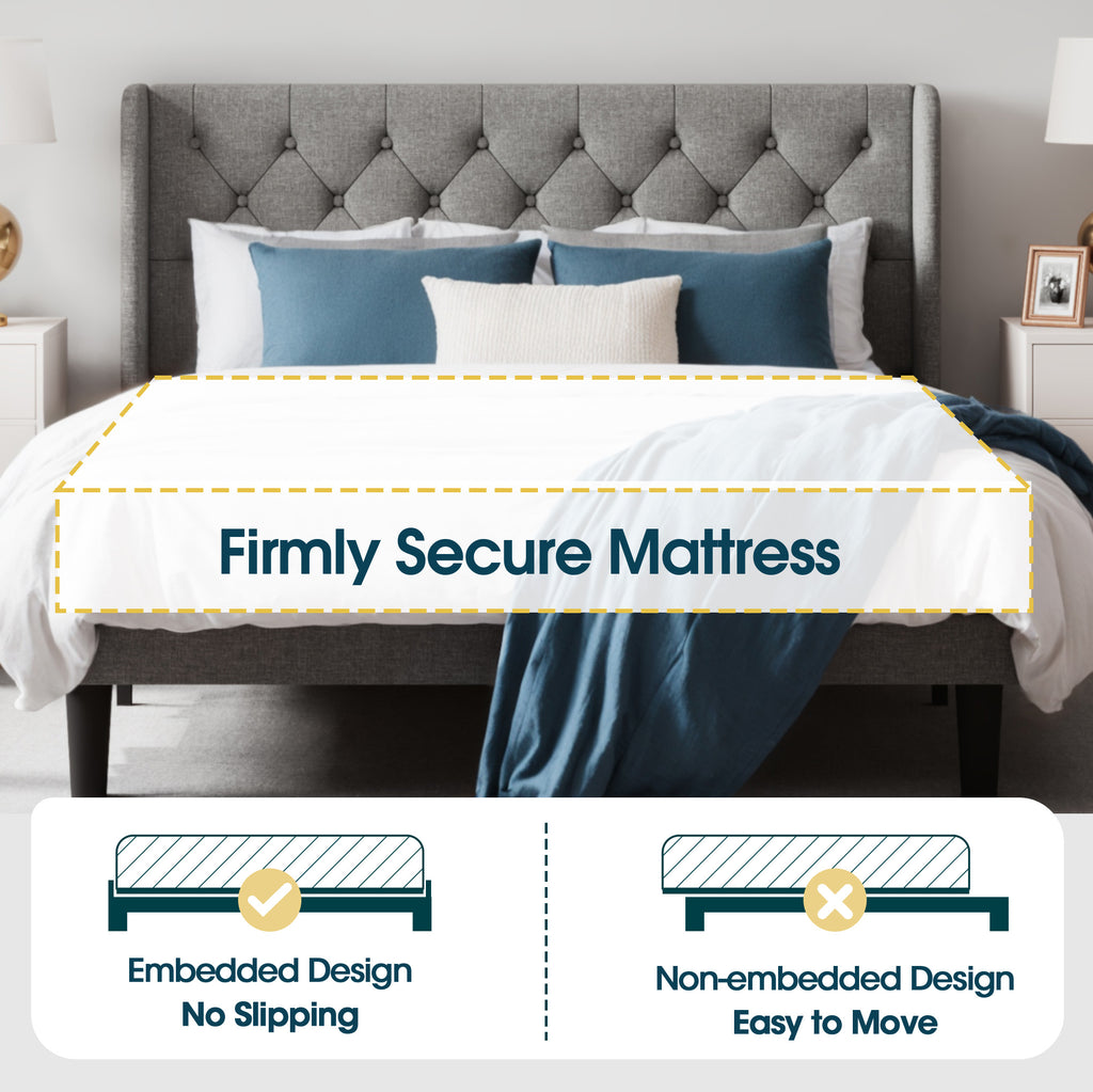 Einfach Upholstered Platform Bed with Classic Button Tufted Headboard, Wingback Design