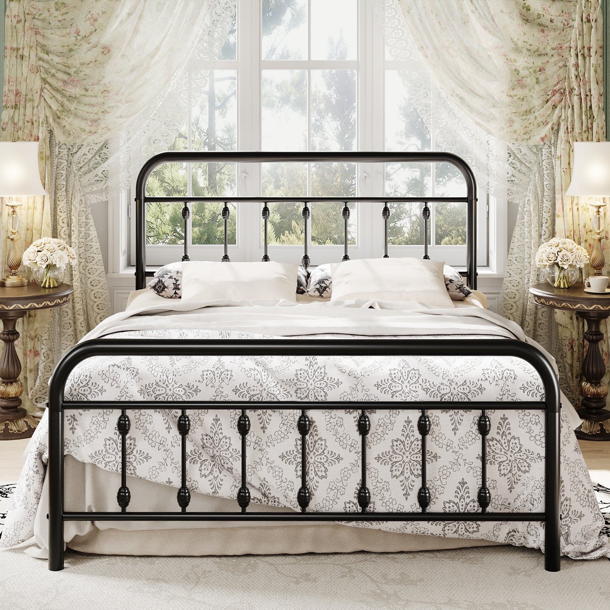 Einfach Bed Frame, Metal Platform Bed with Vintage Headboard, No Box Spring Needed, Heavy Duty