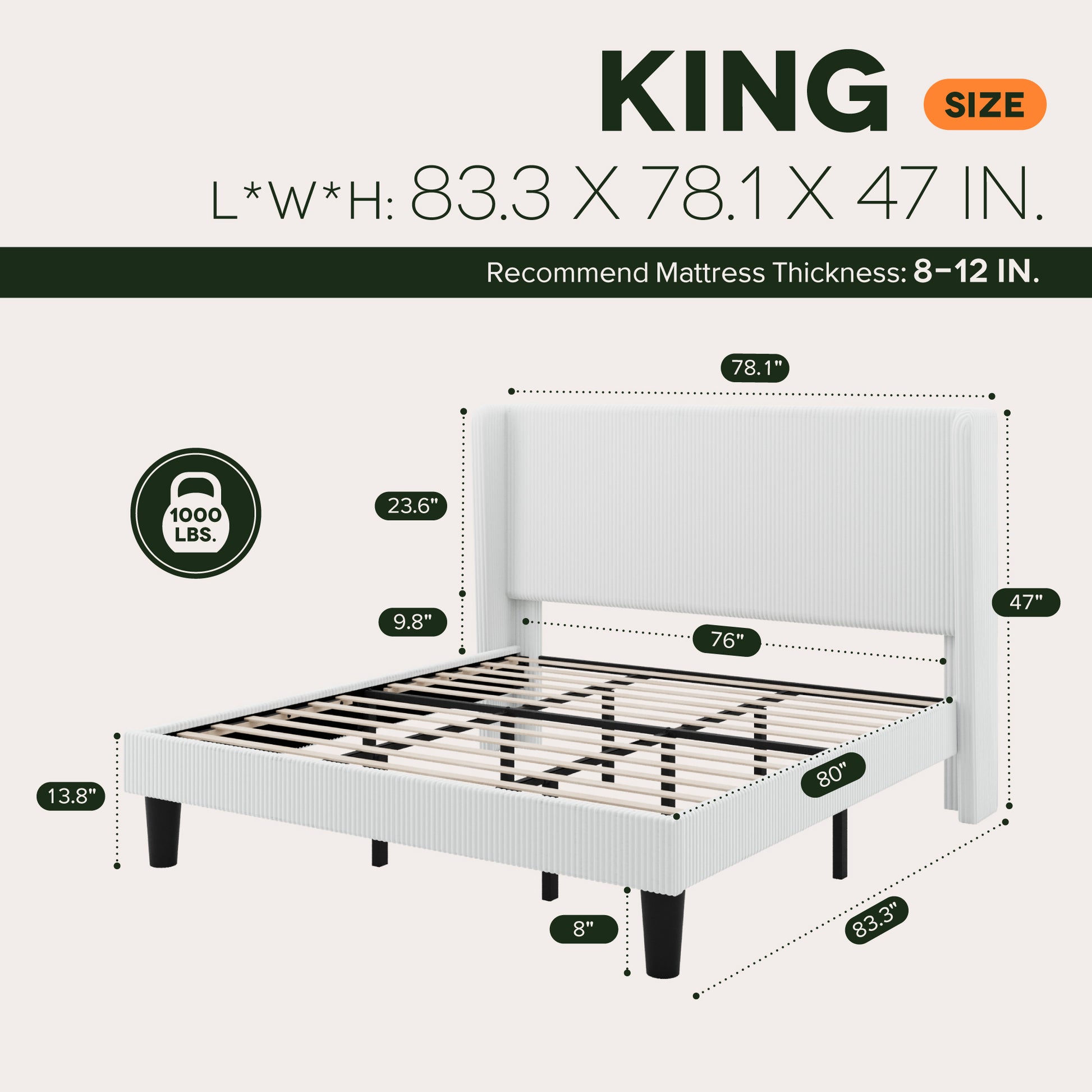 Einfach Luxury Channel-Tufted Corduroy Velvet Platform Bed Frame with Wingback Headboard