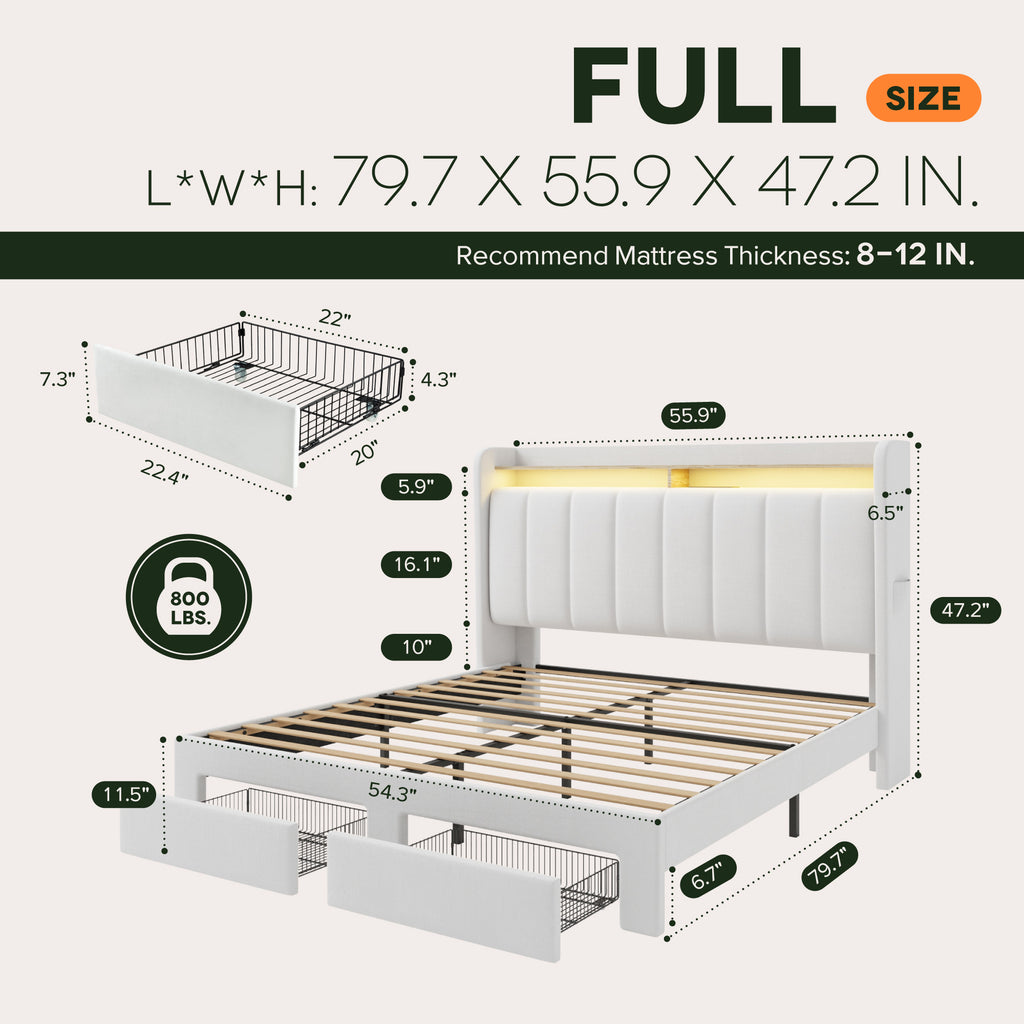 Einfach Bed Frame, Storage Bed with Built-In Charging Station, Velvet Upholstered Wingback Headboard